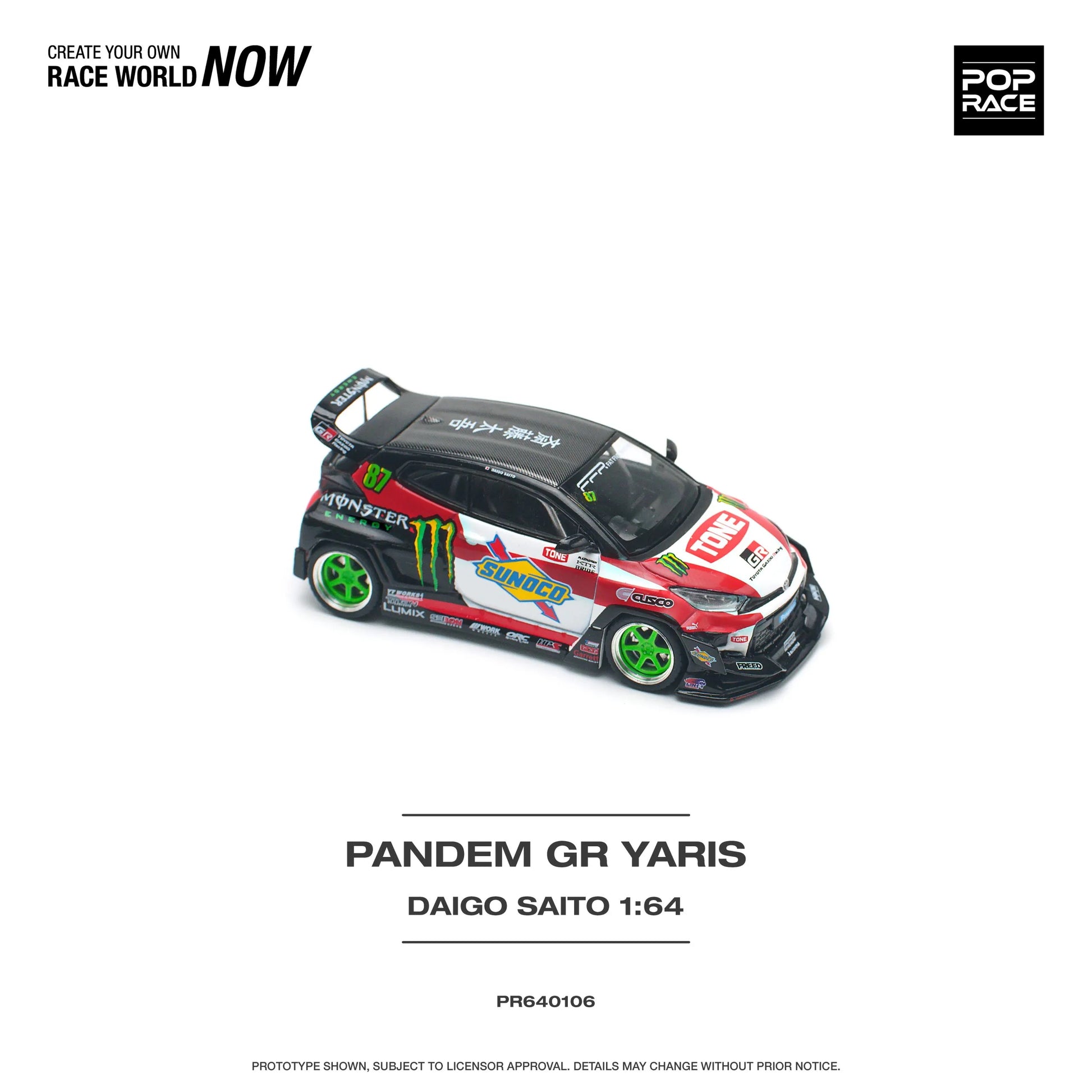 Top-down view of Pop Race 1:64 GR Yaris Pandem Daigo Saito model car