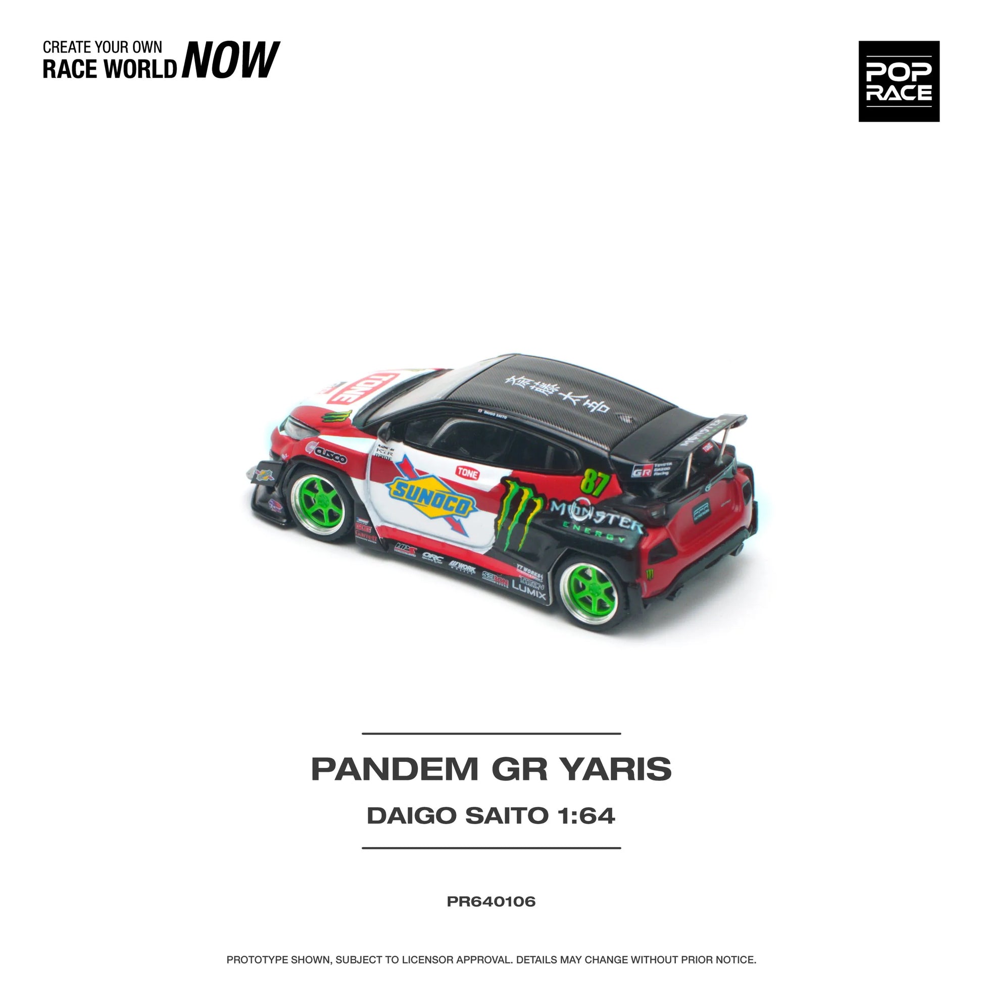 Top-down view of Pop Race 1:64 GR Yaris Pandem Daigo Saito model car