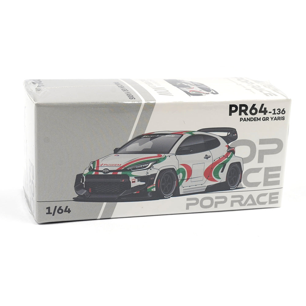 Boxed Pop Race Toyota GR Yaris Pandem Rally Livery 1:64 diecast model – Front packaging view