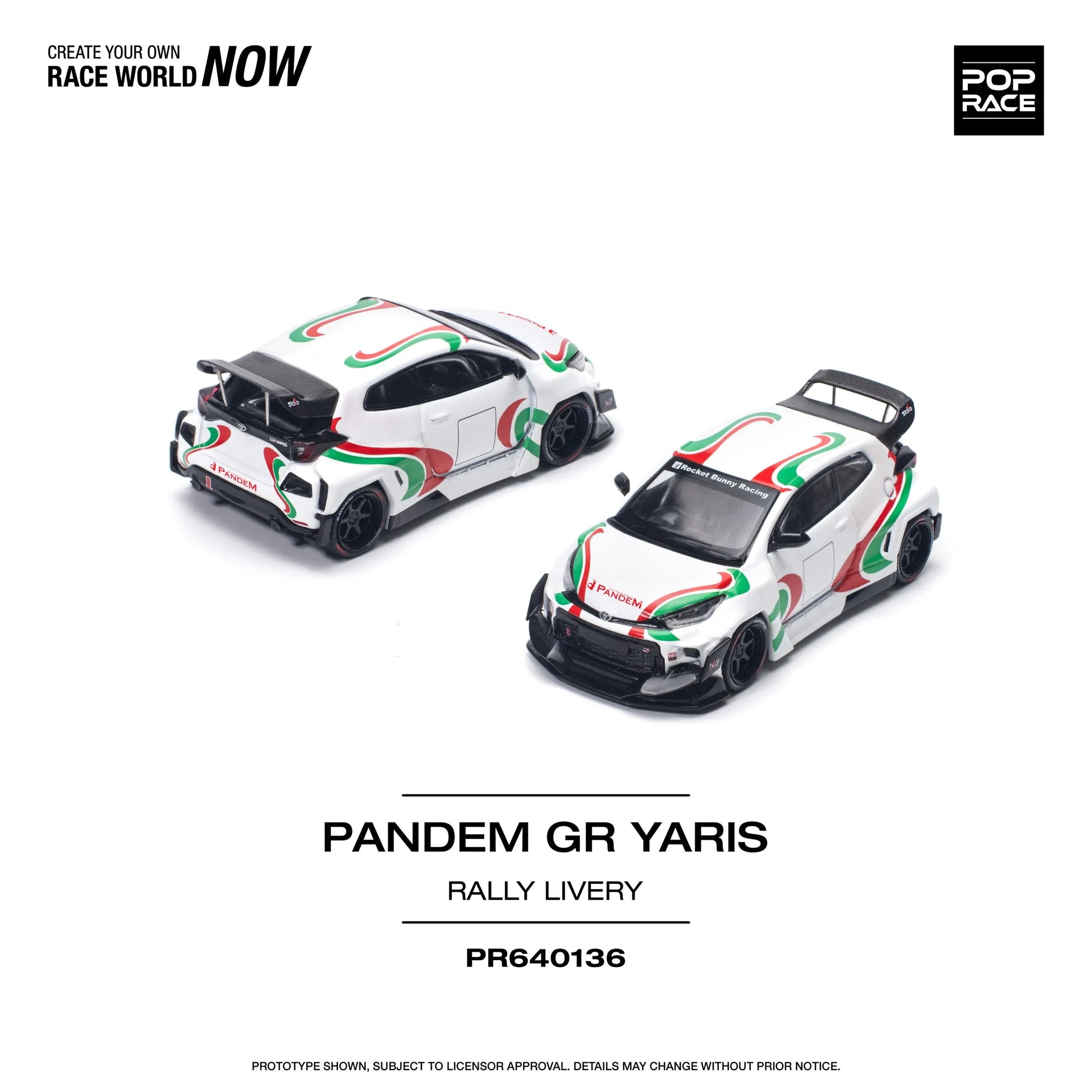 Toyota GR Yaris Pandem Rally Livery 1:64 diecast by Pop Race – Front display angle and back