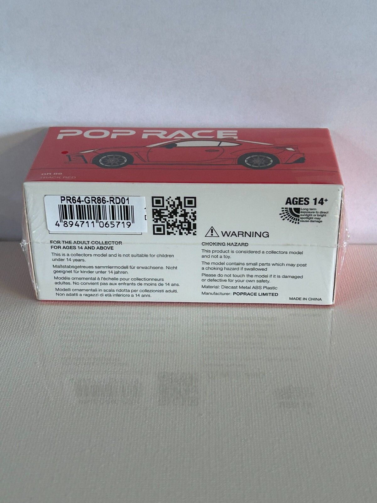 Pop Race Toyota GR86 Track Red diecast – Rear packaging view