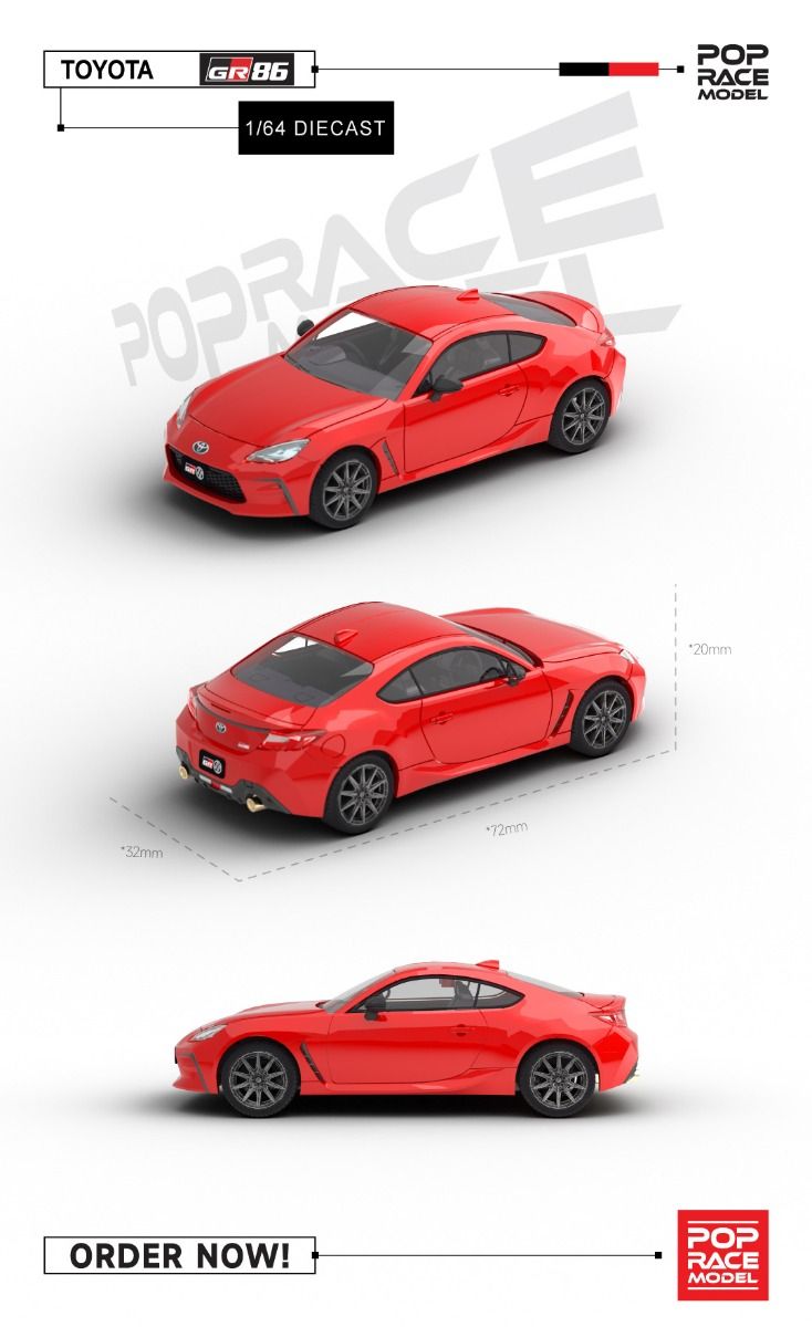 Pop Race Toyota GR86 2022 Track Red 1:64 diecast – Front and back display angle