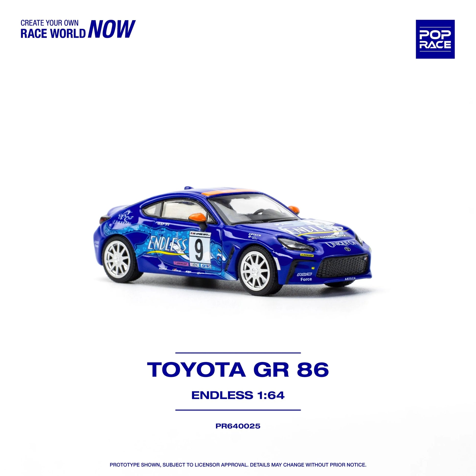 Front view of Toyota GR86 Endless 1:64 diecast model by Pop Race