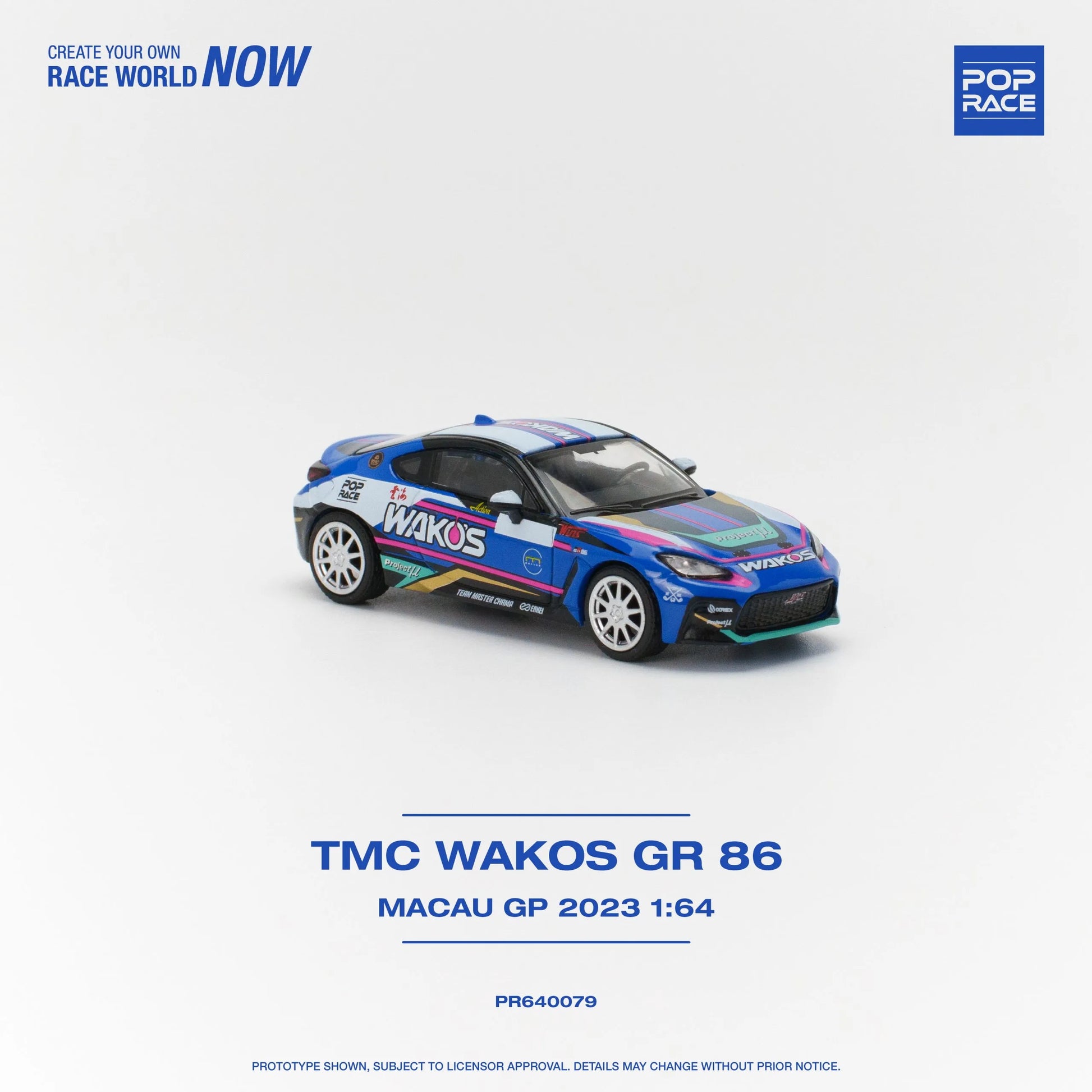 Front view of Toyota GR86 TMC Wakos Macau GP 2023 1:64 diecast car by Pop Race