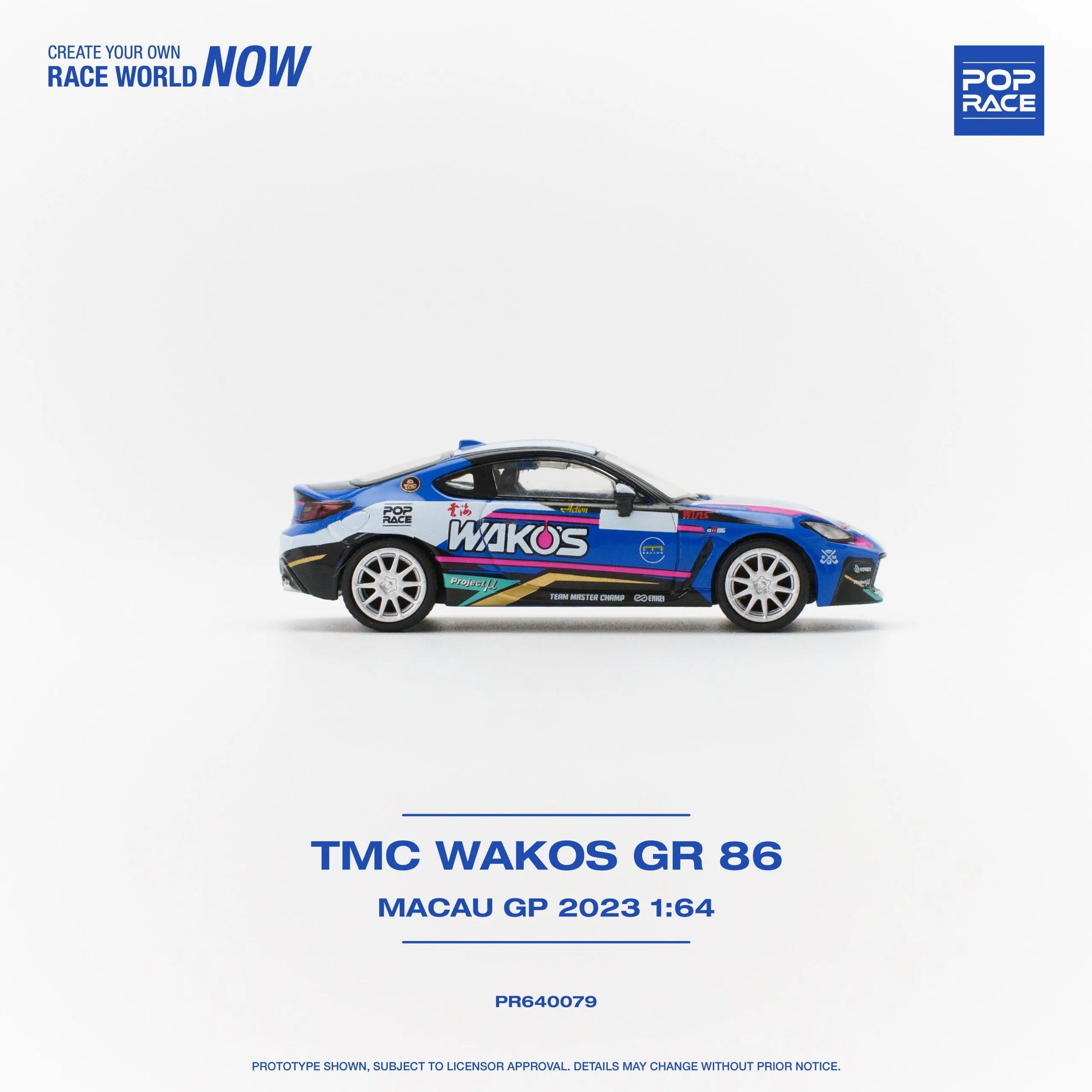 Side profile of Pop Race Toyota GR86 Macau GP 2023 Wakos livery 1:64 diecast model