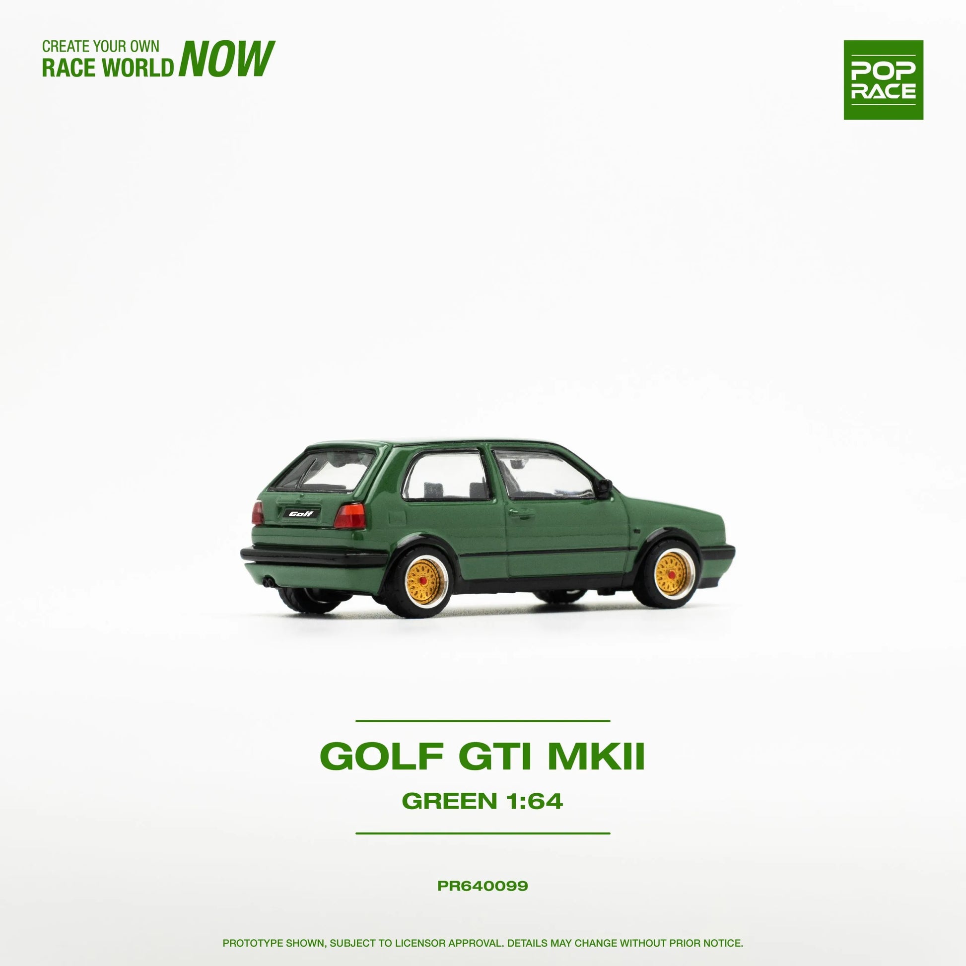 Rear angle of unboxed Pop Race VW Golf GTI MK2 Green 1:64 diecast model