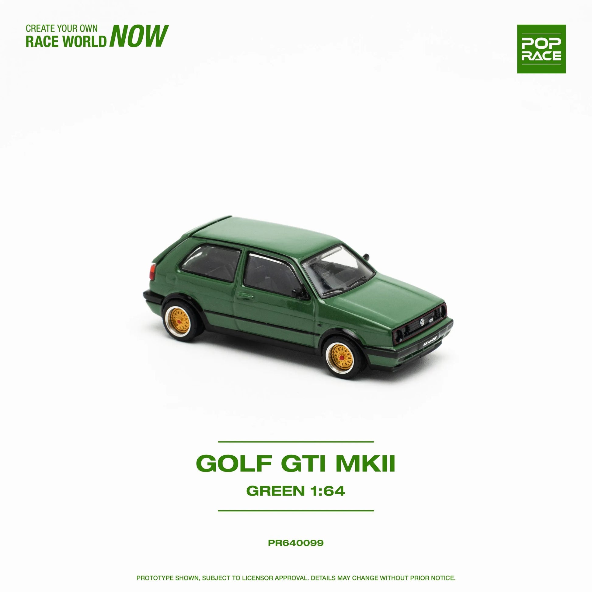 Top angle of unboxed Pop Race VW Golf GTI MK2 Green 1:64 diecast model