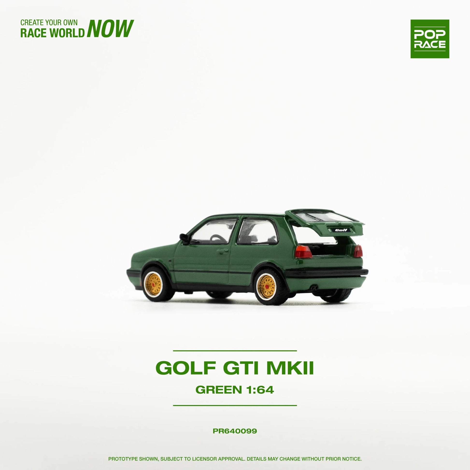 Front view of VW Golf GTI MK2 Green 1:64 model by Pop Race – Hood open detail