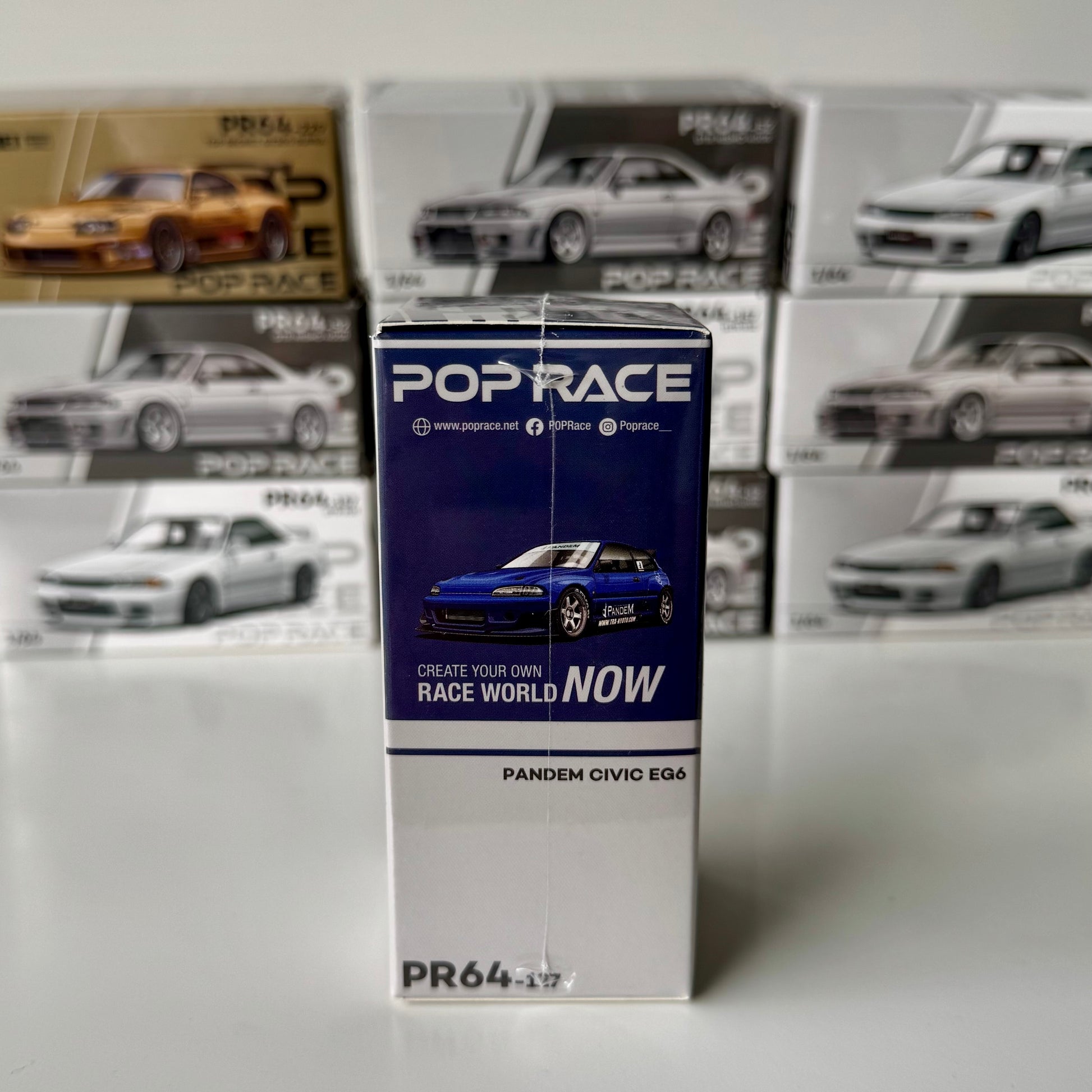 Side angle of Pop Race EG6 Pandem V1.5 diecast model in packaging