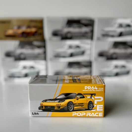 Pop Race Mazda RX-7 FD RE-Amemiya Widebody Yellow in box front view