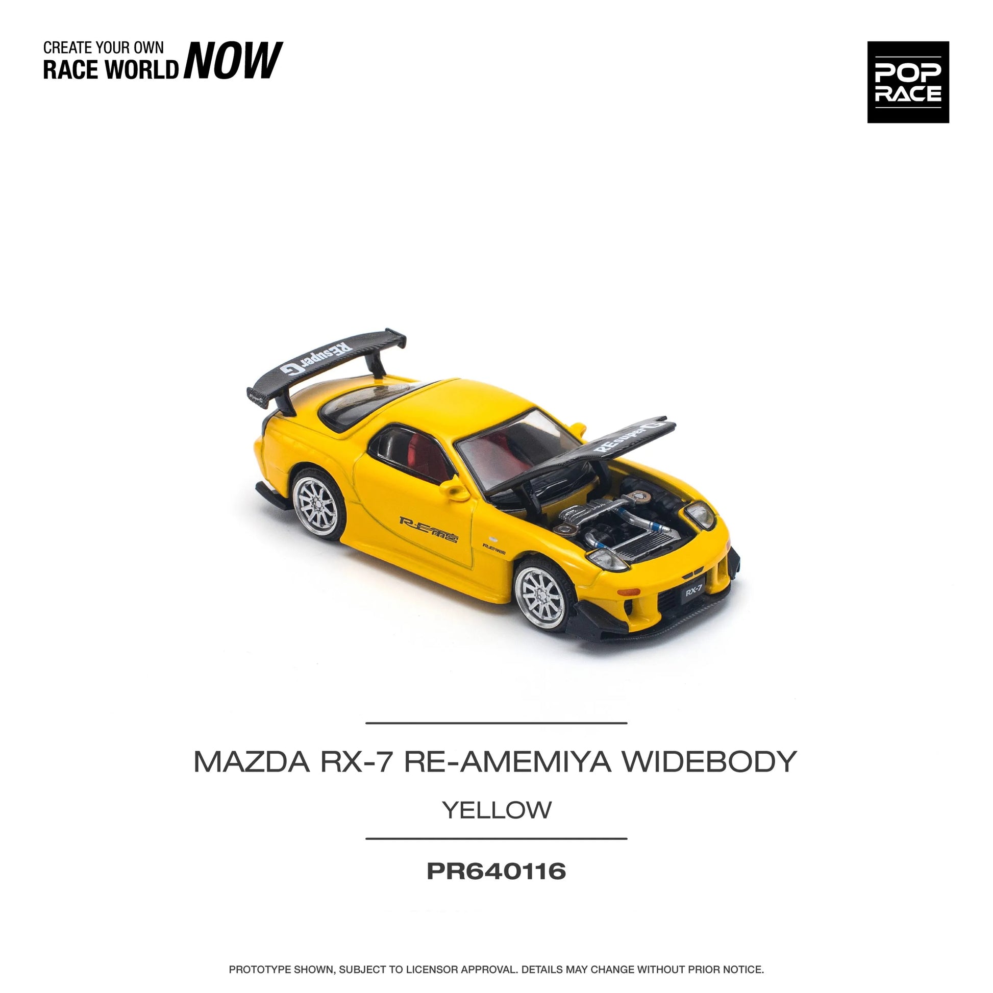 Front angle of Pop Race Mazda RX-7 FD RE-Amemiya Widebody Yellow out of box with hood open