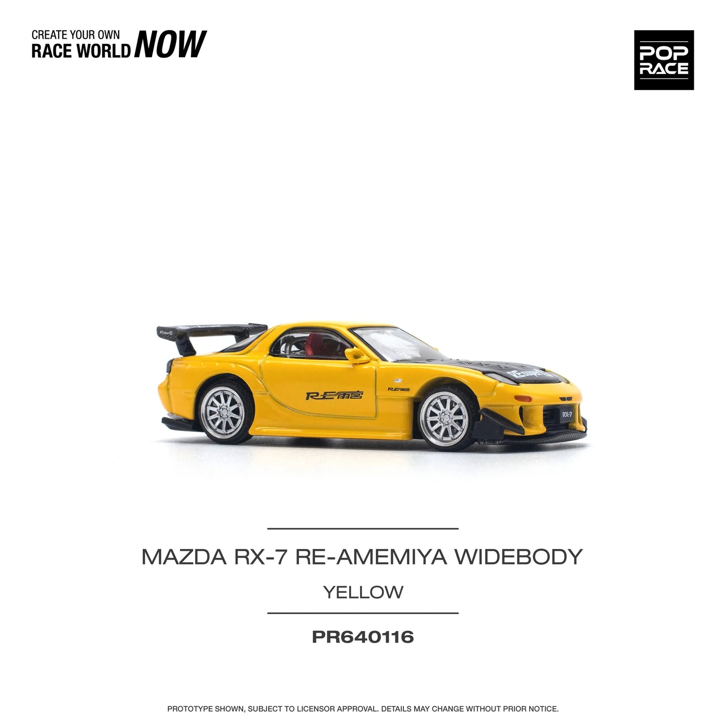 Front angle of Pop Race Mazda RX-7 FD RE-Amemiya Widebody Yellow out of box