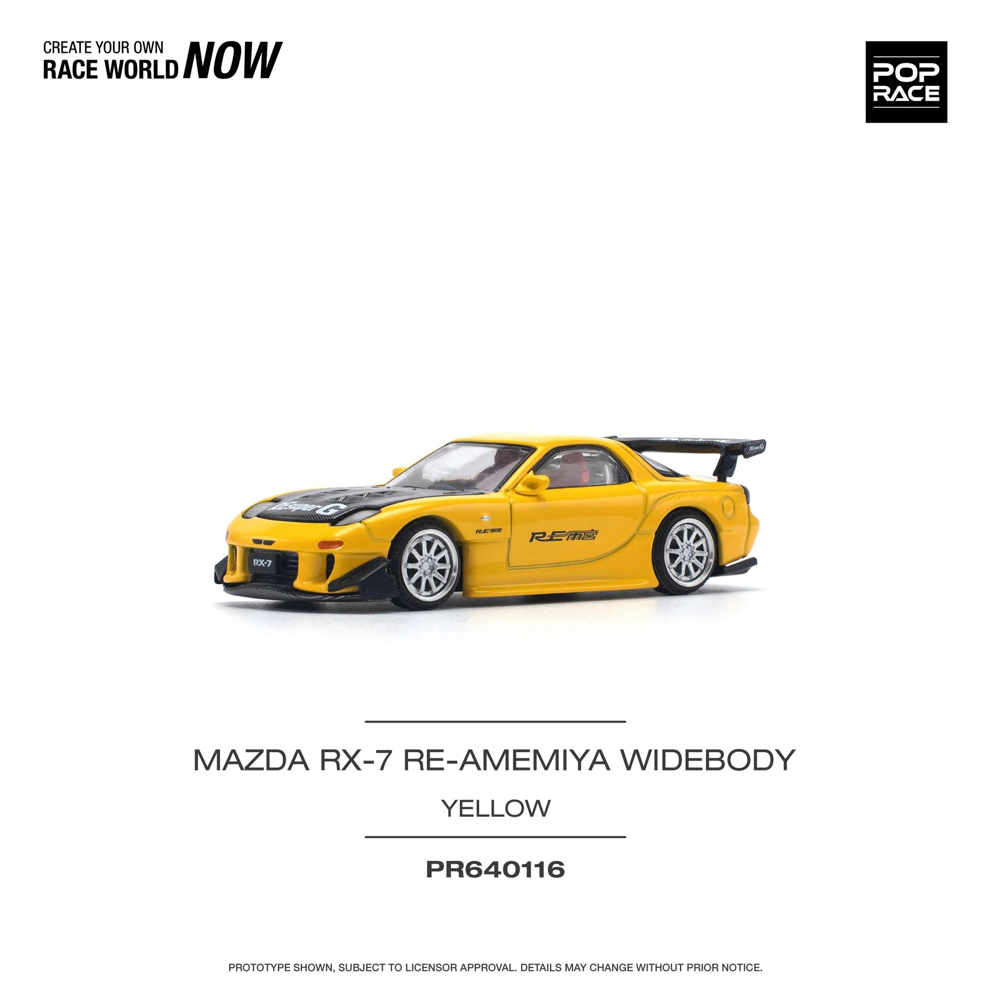 Front view of 1:64 RX-7 FD RE-Amemiya Yellow diecast model by Pop Race