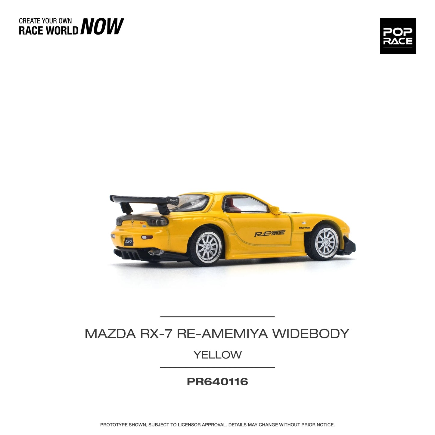 Rear view of 1:64 RX-7 FD RE-Amemiya Yellow diecast model by Pop Race