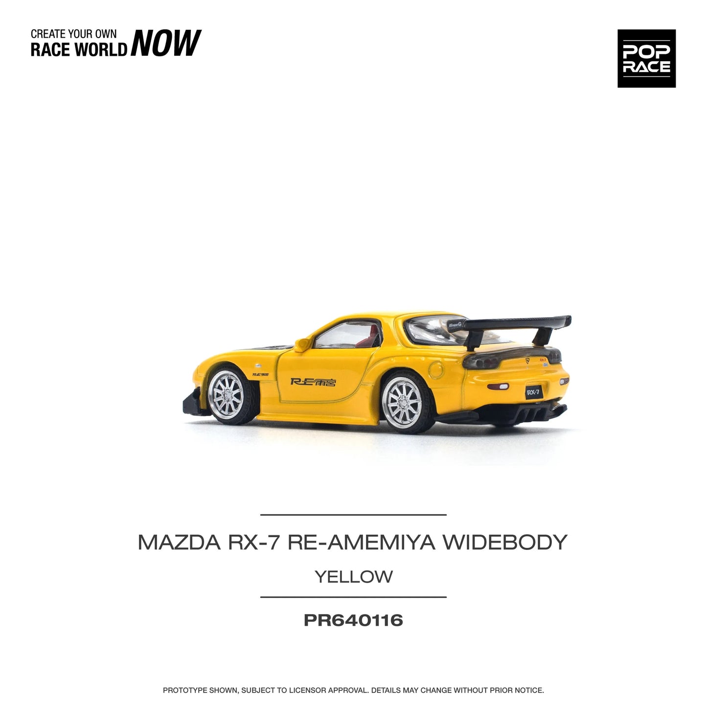 Rear view of 1:64 RX-7 FD RE-Amemiya Yellow diecast model by Pop Race