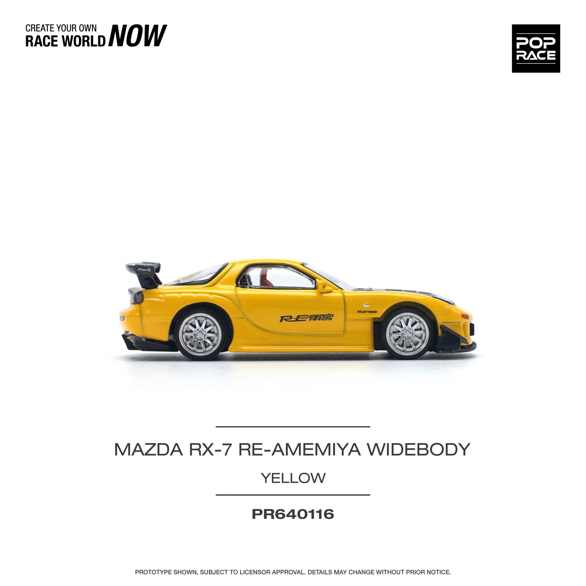 Side angle of Pop Race Mazda RX-7 FD RE-Amemiya Widebody Yellow out of box