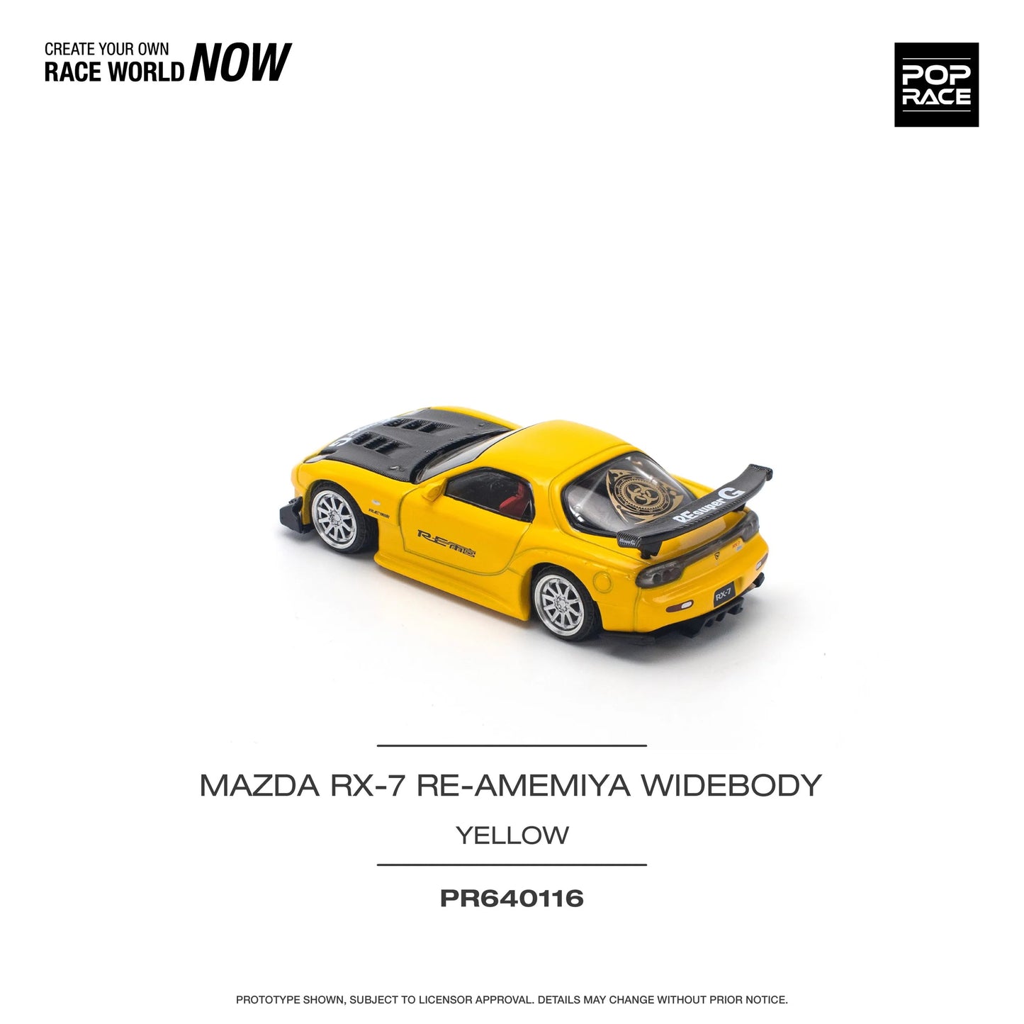 Rear view of 1:64 RX-7 FD RE-Amemiya Yellow diecast model by Pop Race