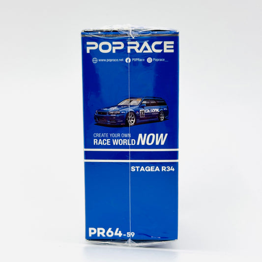 Nissan Stagea R34 Calsonic 1:64 by Pop Race box side angle