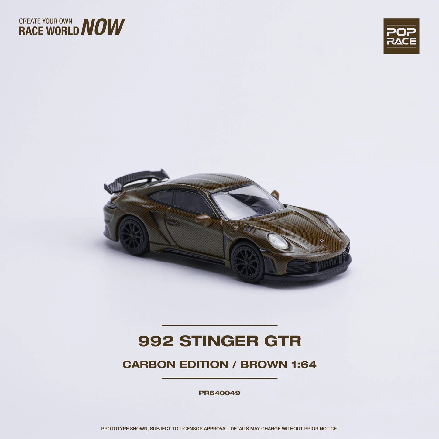 Front view of Porsche 992 Stinger GTR Carbon Brown 1:64 diecast model out of box