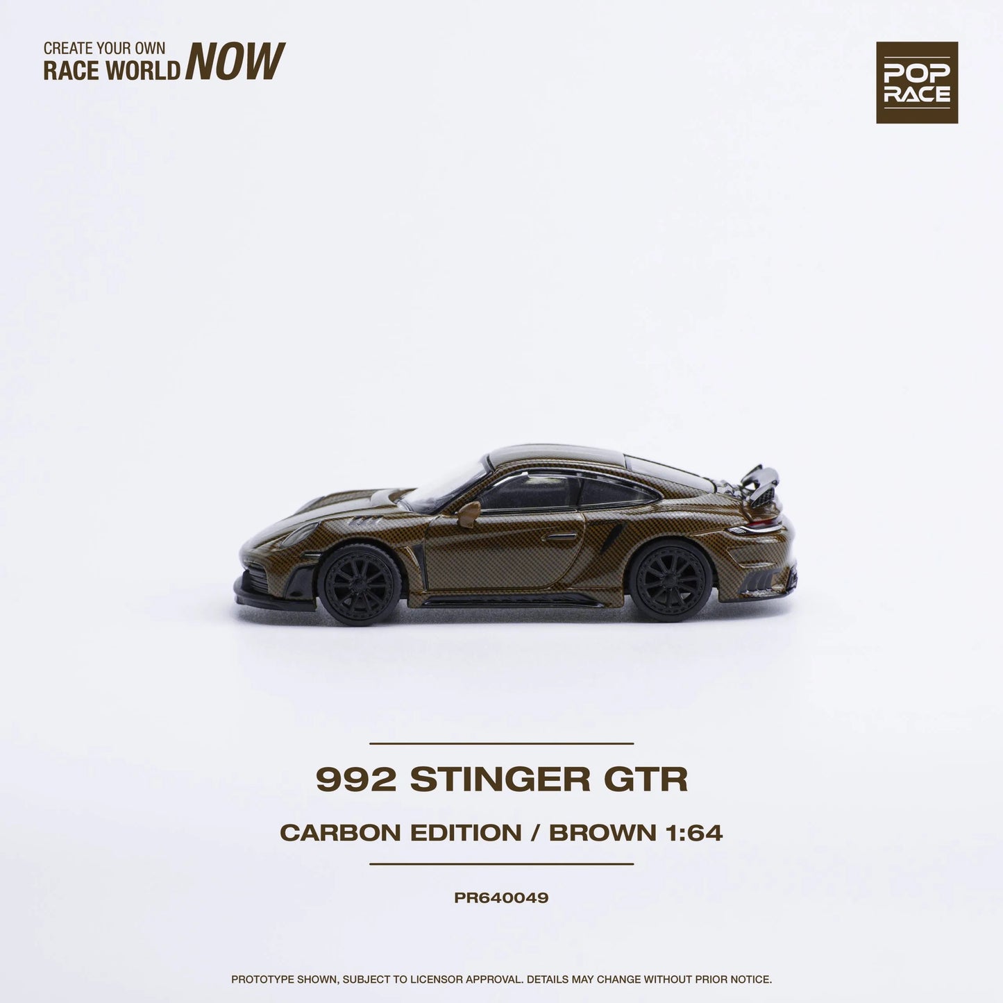 Left side profile of Porsche 992 Stinger GTR Carbon Edition Brown 1:64 diecast car