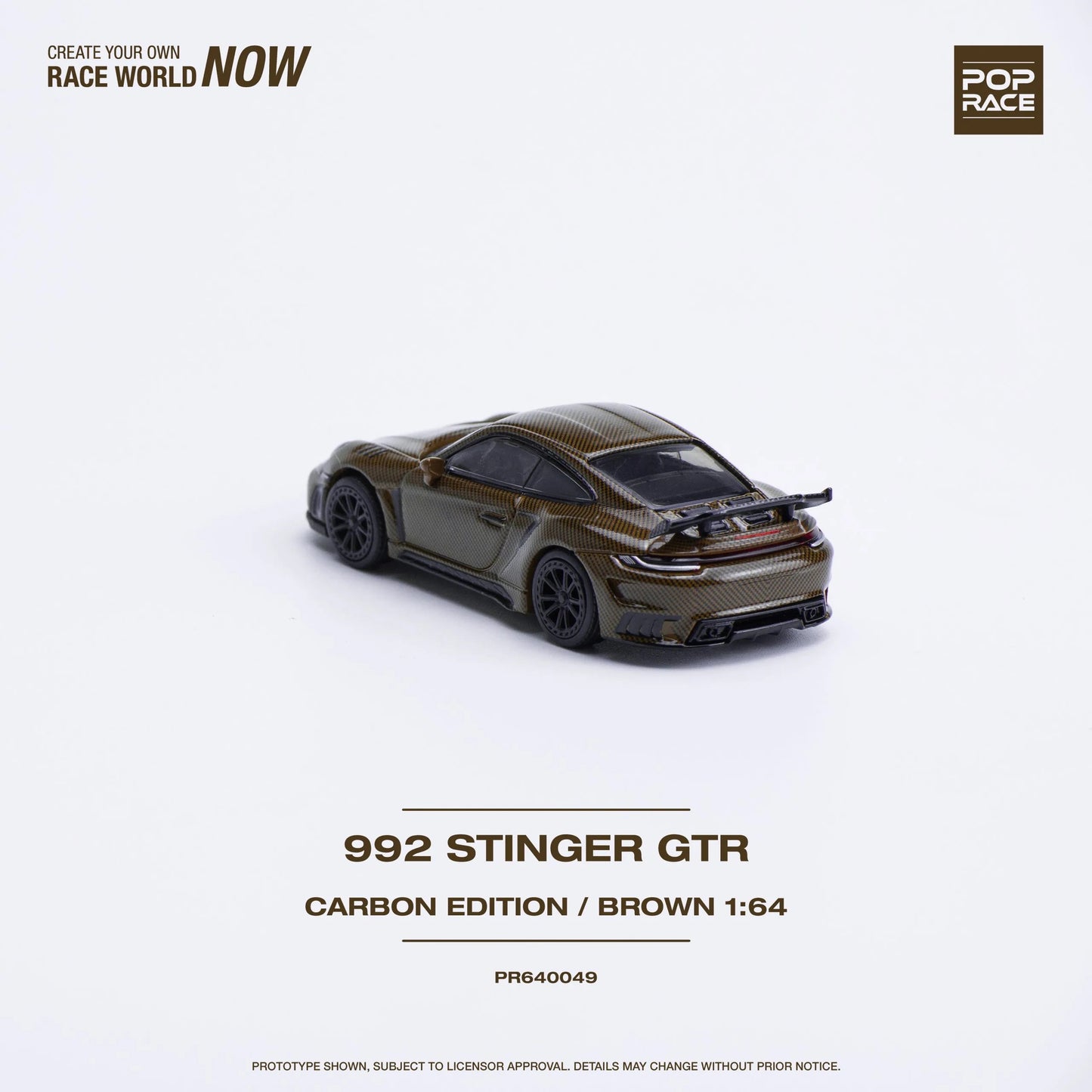 Top-down view of out-of-box Porsche 992 Stinger GTR Carbon Brown 1:64 diecast model