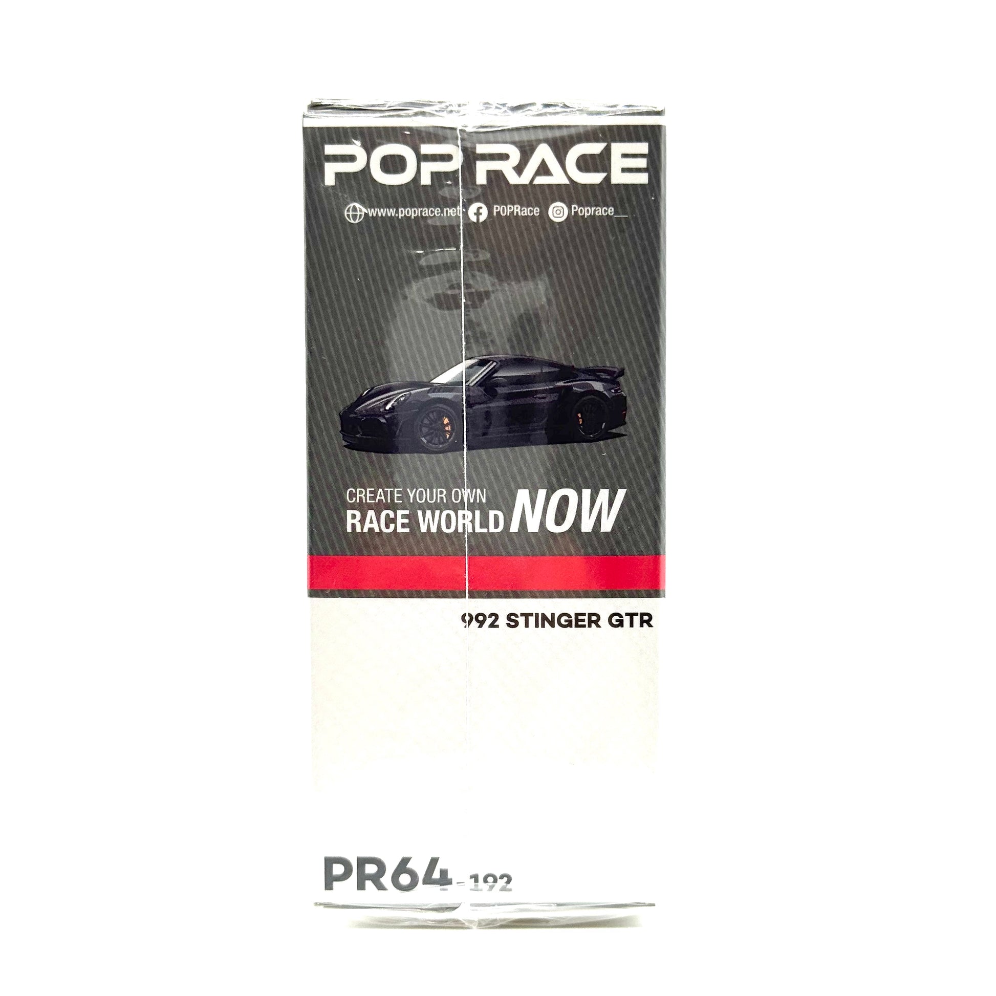 Angled boxed shot of Pop Race Porsche 992 Stinger GTR Carbon Edition Redline collectible