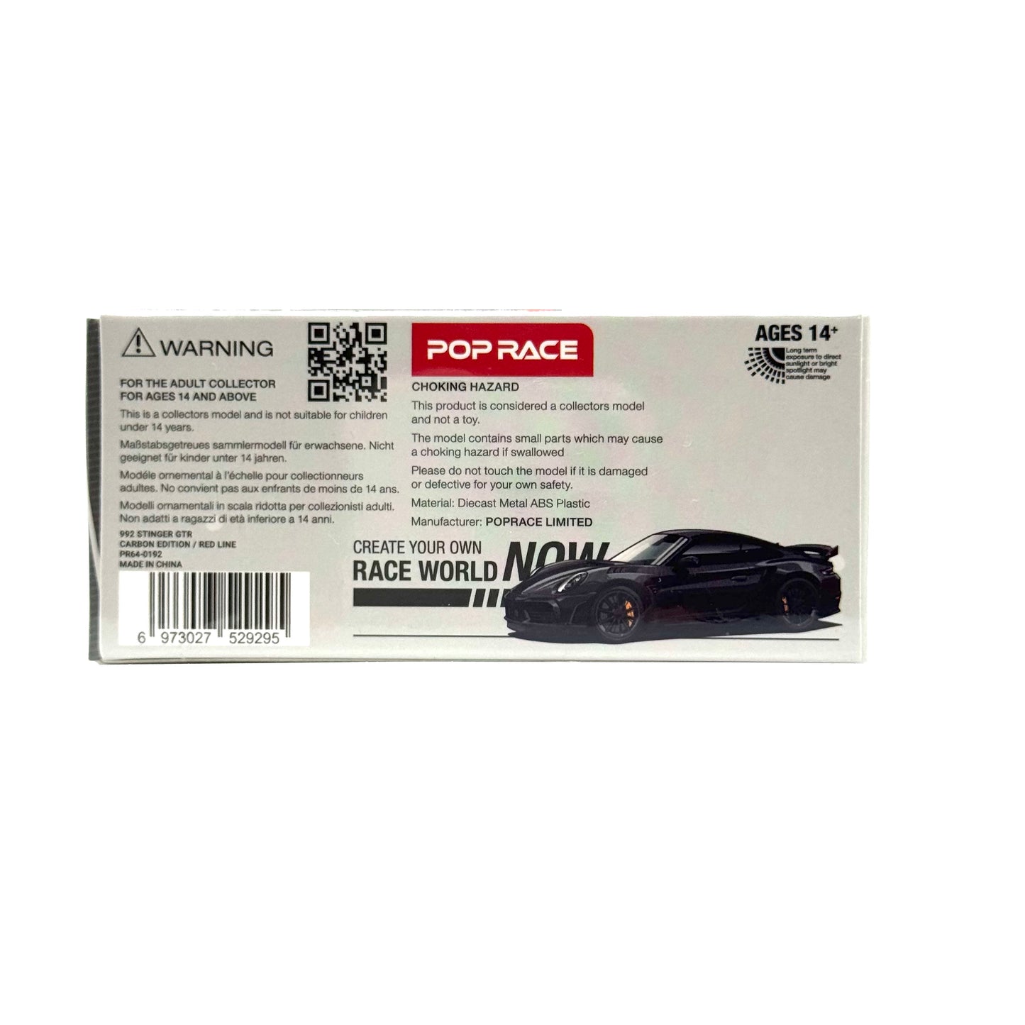 Rear packaging view of Pop Race Porsche 992 Stinger GTR Carbon Edition Redline 1:64 model