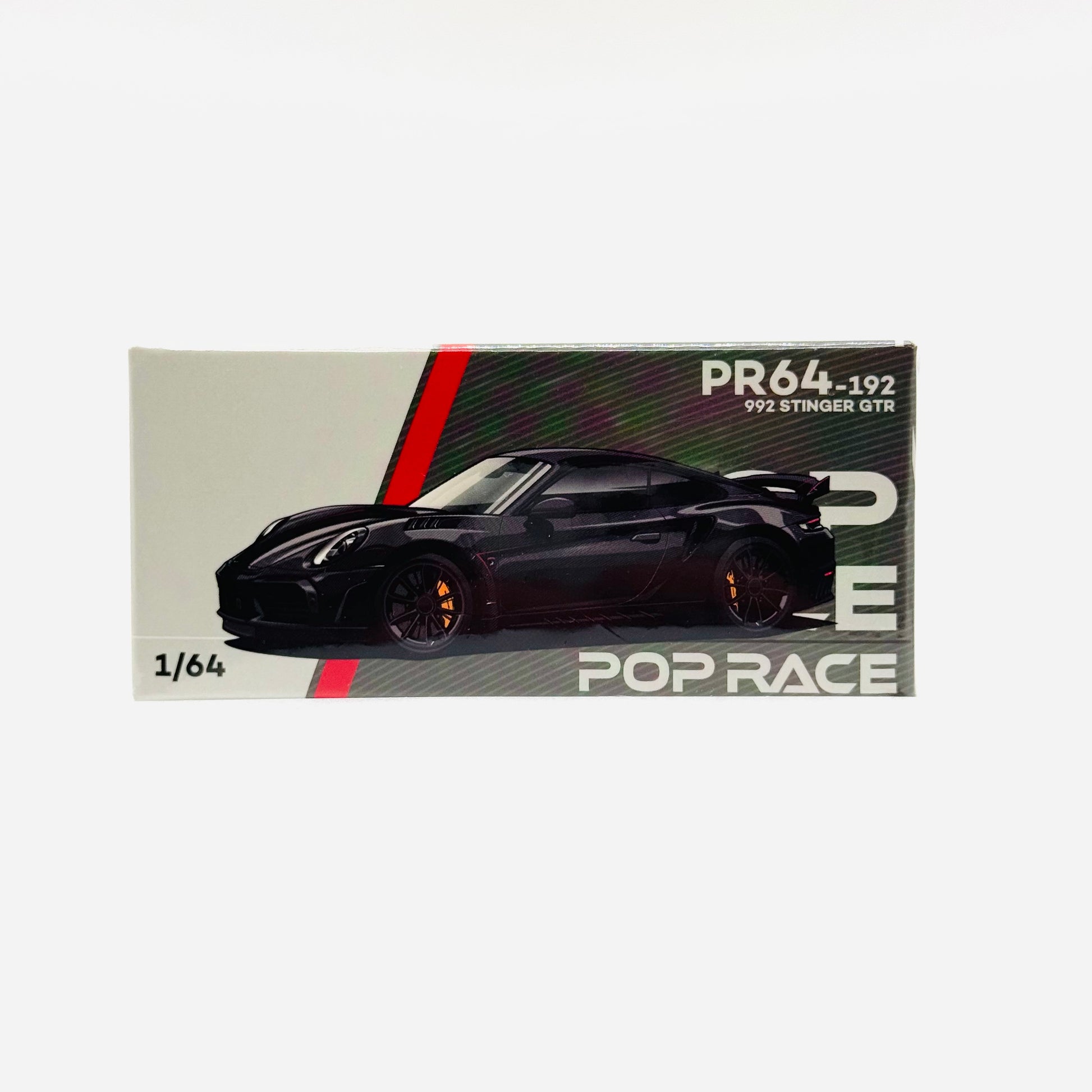 Front boxed view of Pop Race Porsche 992 Stinger GTR Carbon Edition Redline 1:64 diecast model