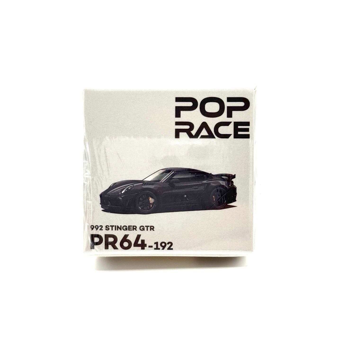 Side boxed profile of Pop Race Porsche 992 Stinger GTR Carbon Edition Redline diecast model