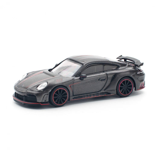 Front angled view of Pop Race Porsche 992 Stinger GTR Carbon Edition Redline diecast model