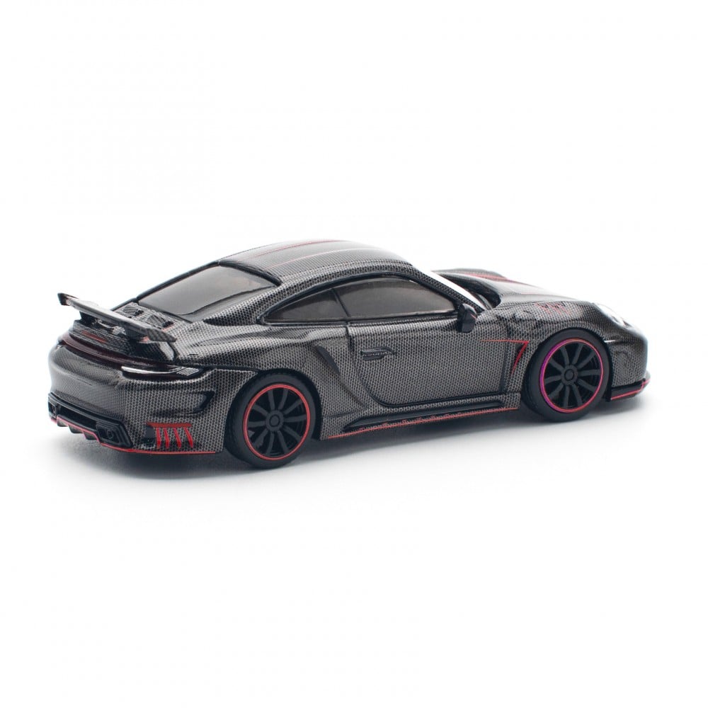 Rear view of Pop Race Porsche 992 Stinger GTR Carbon Edition Redline diecast collectible