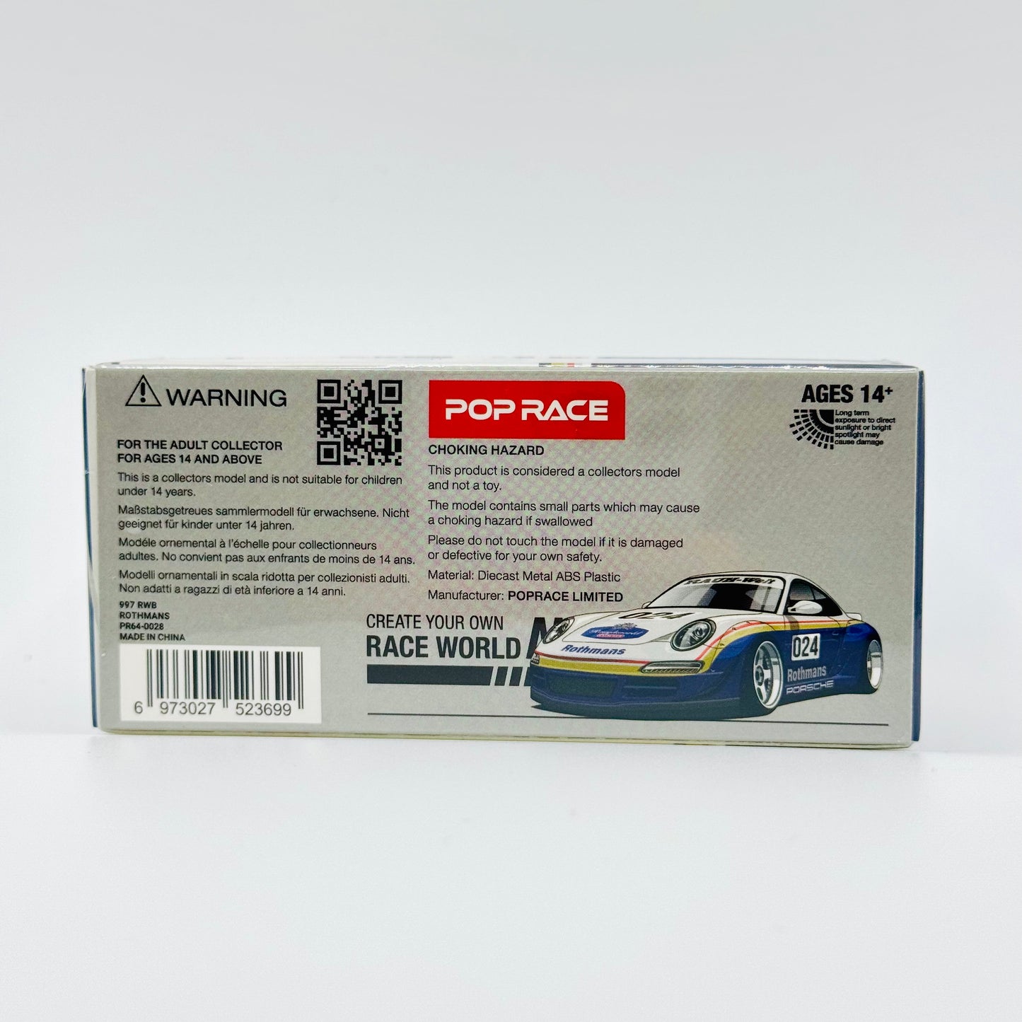 Rear packaging view of Pop Race Porsche RWB 997 Rothmans 1:64 scale model