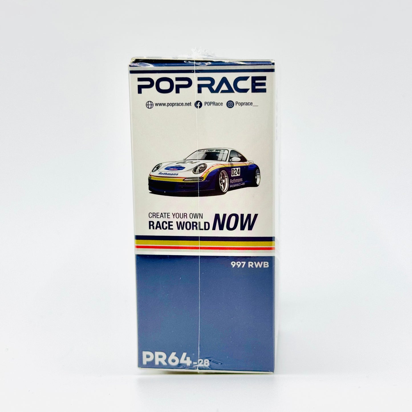 Side boxed profile of Pop Race Porsche RWB 997 Rothmans diecast model car