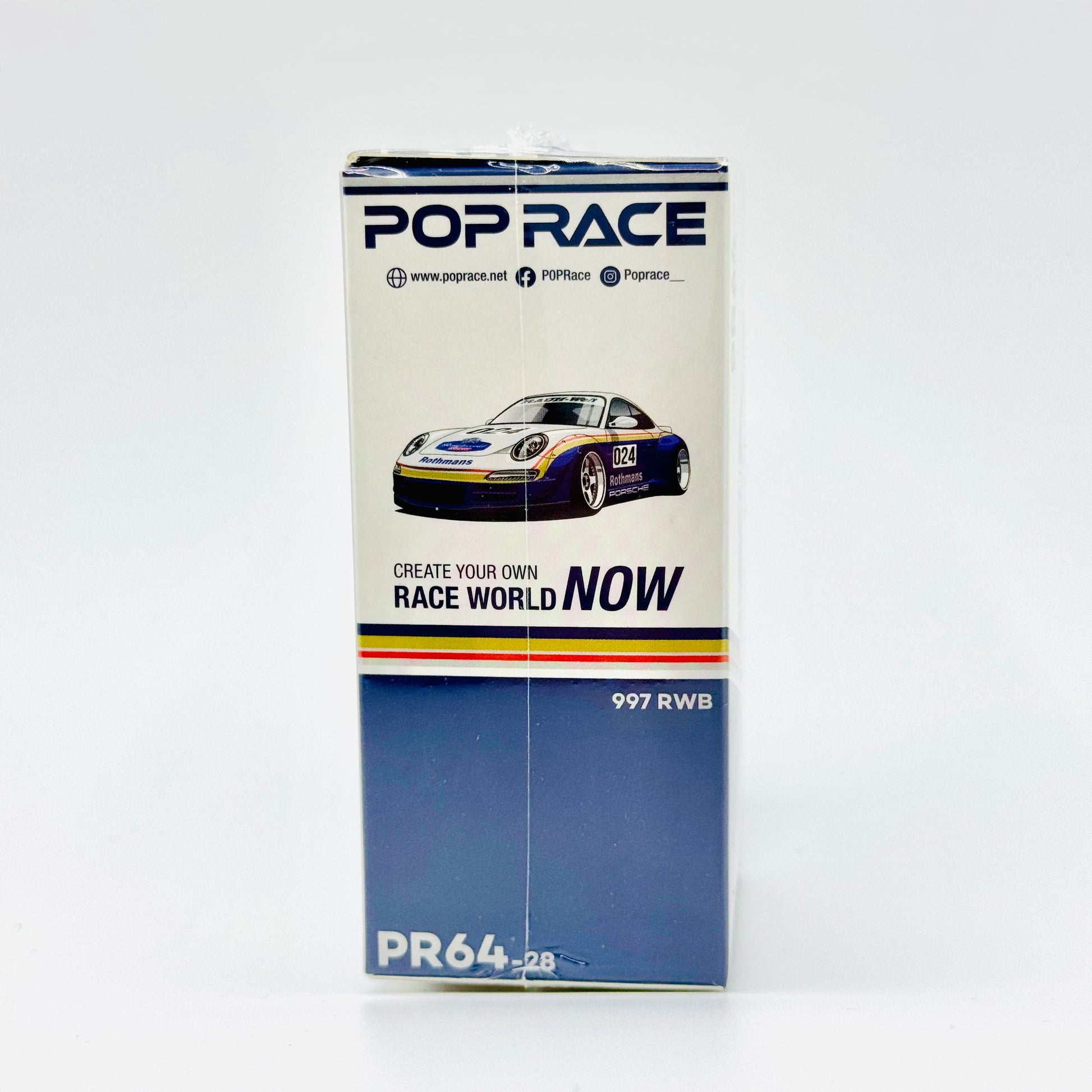 Side boxed profile of Pop Race Porsche RWB 997 Rothmans diecast model car
