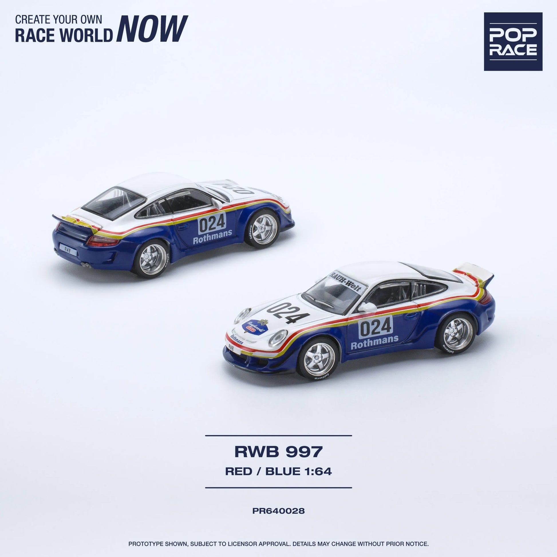 Front angled view of Pop Race Porsche RWB 997 Rothmans 1:64 diecast model
