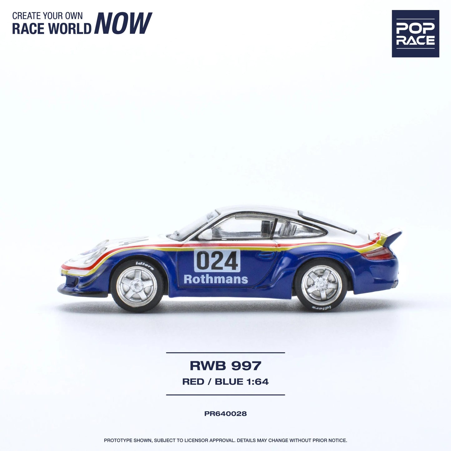 Side profile of Pop Race Porsche RWB 997 Rothmans 1:64 collectible model car