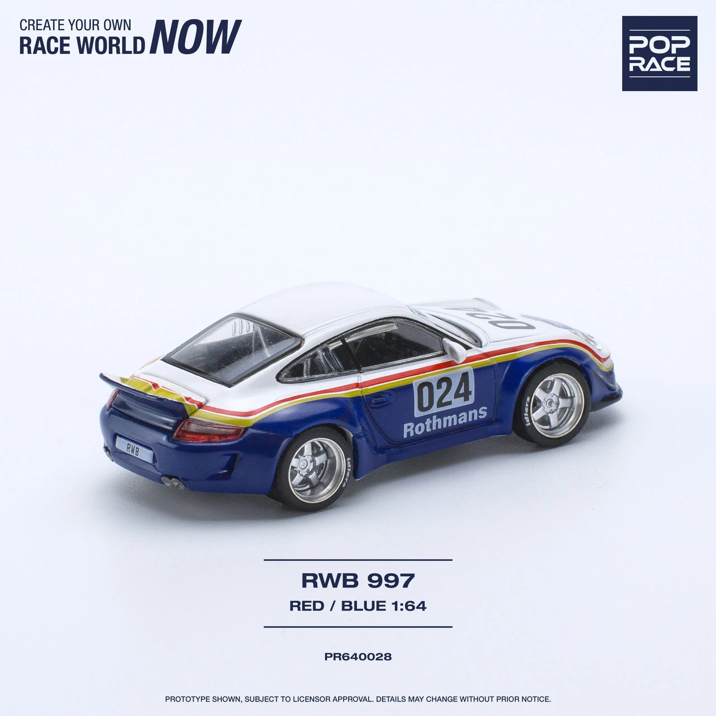 Rear view of Pop Race Porsche RWB 997 Rothmans diecast model