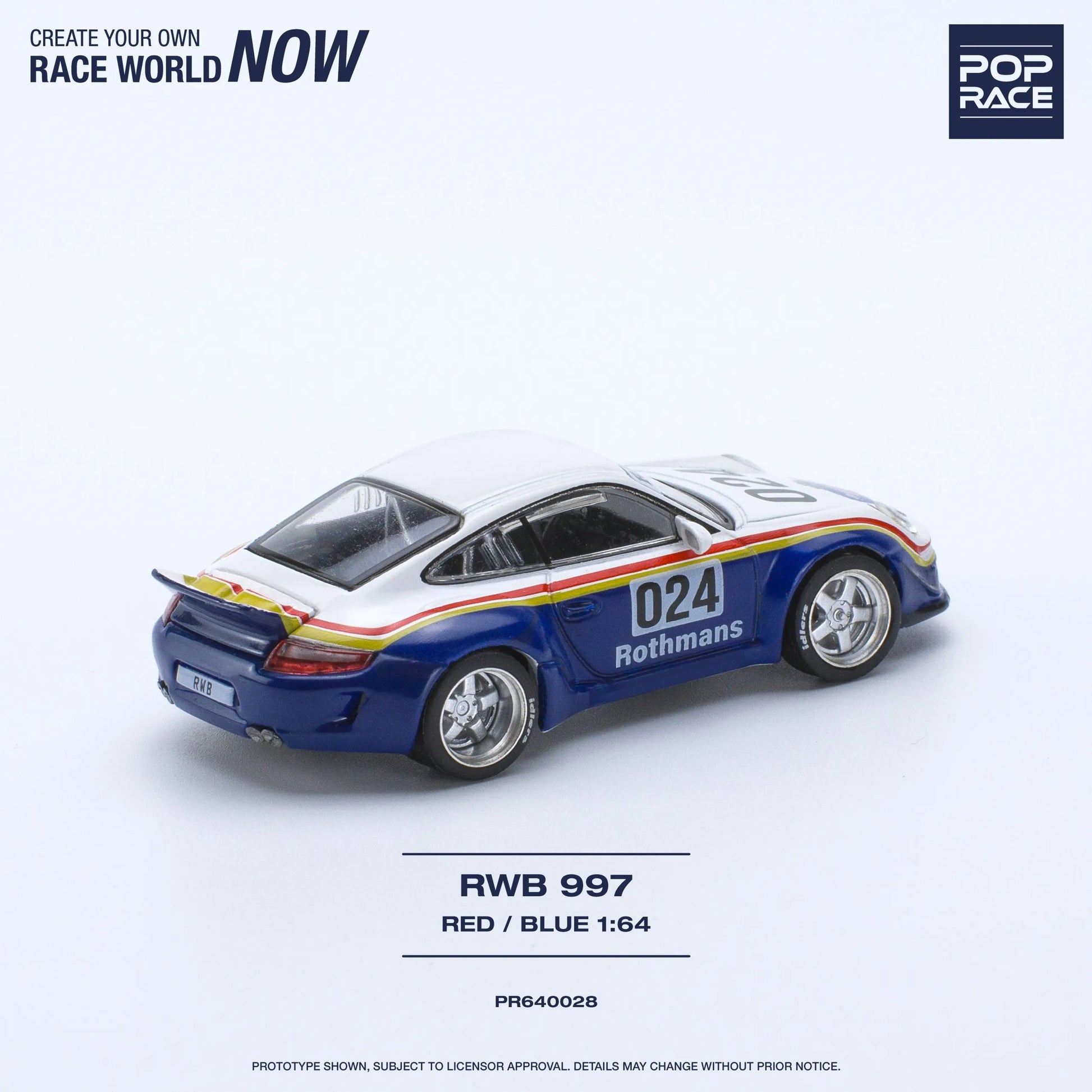Rear view of Pop Race Porsche RWB 997 Rothmans diecast model