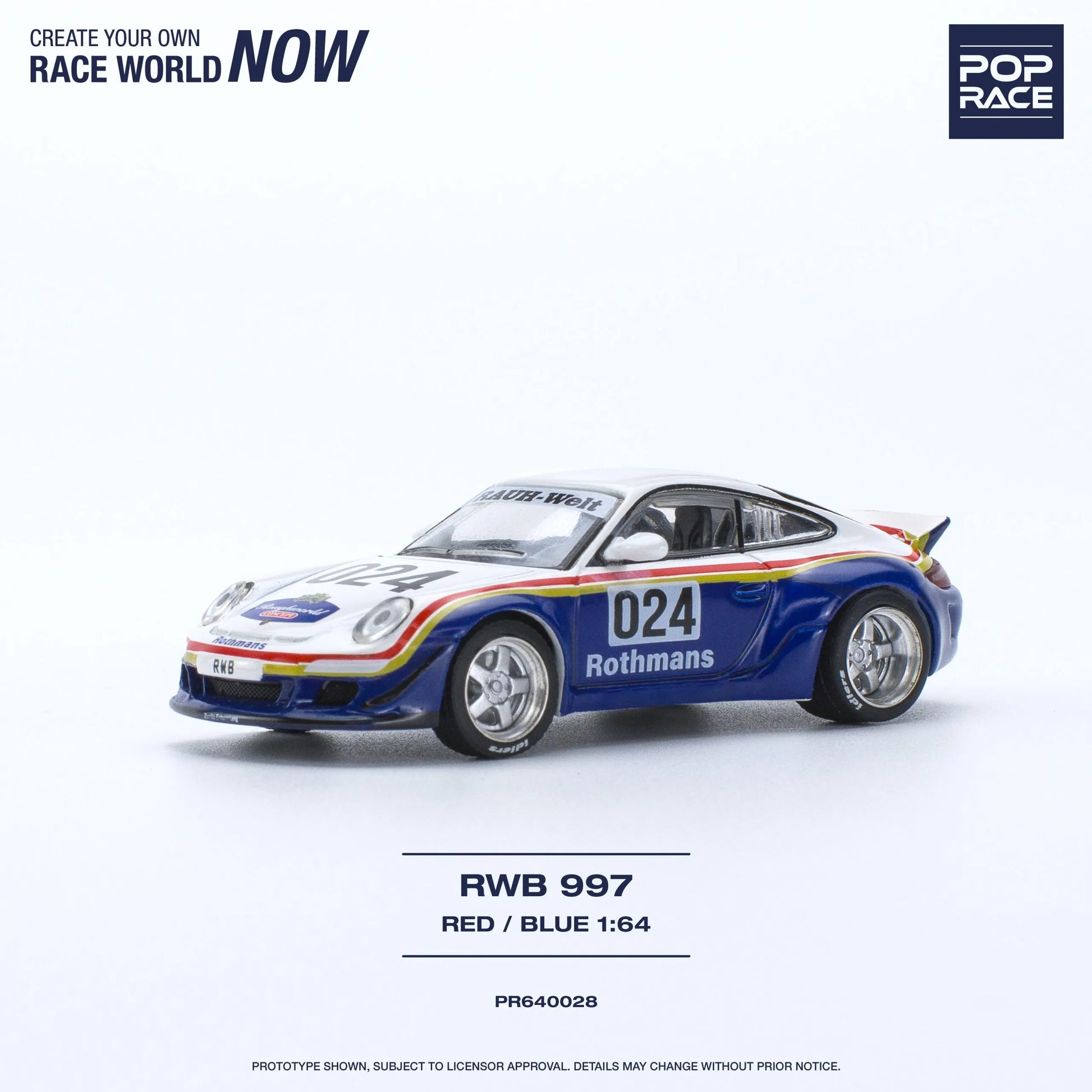 Side profile of Pop Race Porsche RWB 997 Rothmans 1:64 collectible model car