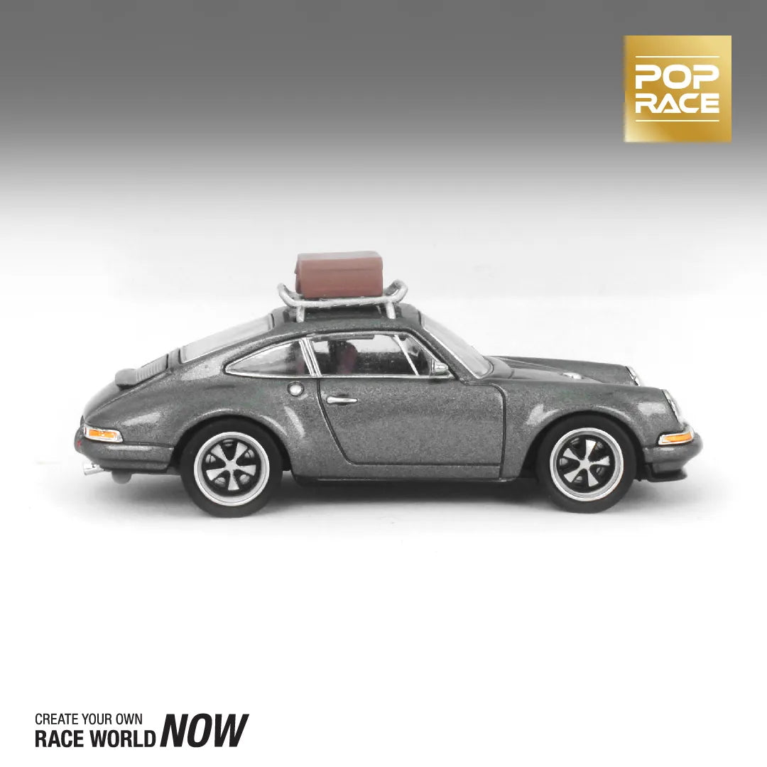 Side view of Pop Race Porsche Singer 911 Grey diecast unboxed