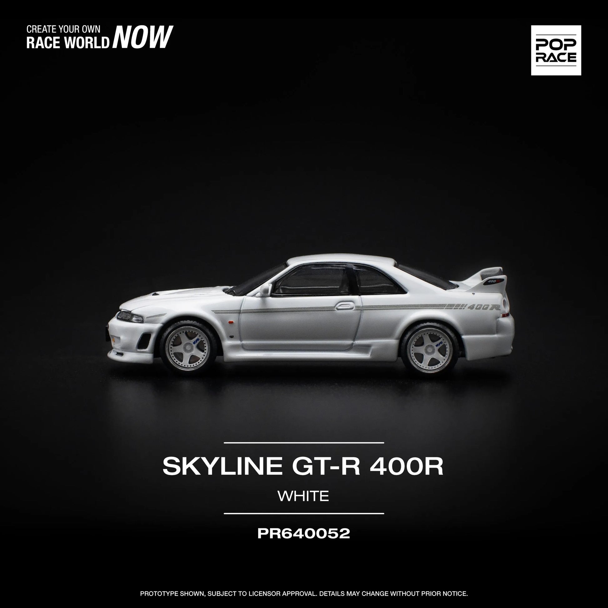 Side profile of Pop Race Nissan GT-R R33 Nismo 400R model car unboxed