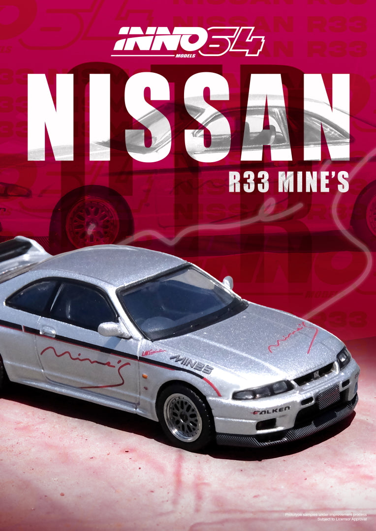 Nissan Skyline GT-R R33 Mine’s Silver 1:64 diecast model in display box – side view brochure