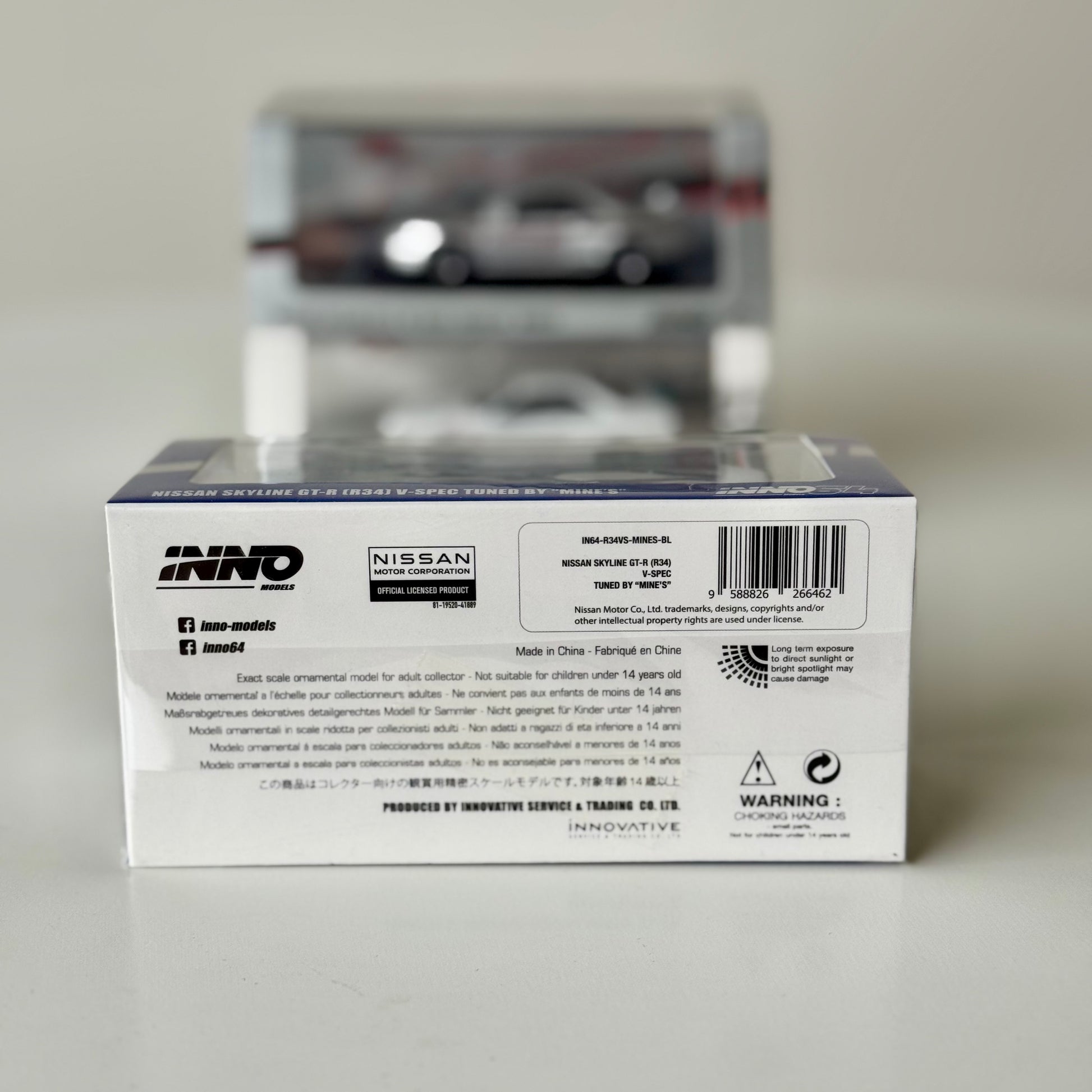 Rear packaging of INNO64 Nissan R34 GT-R Mine’s Blue diecast model
