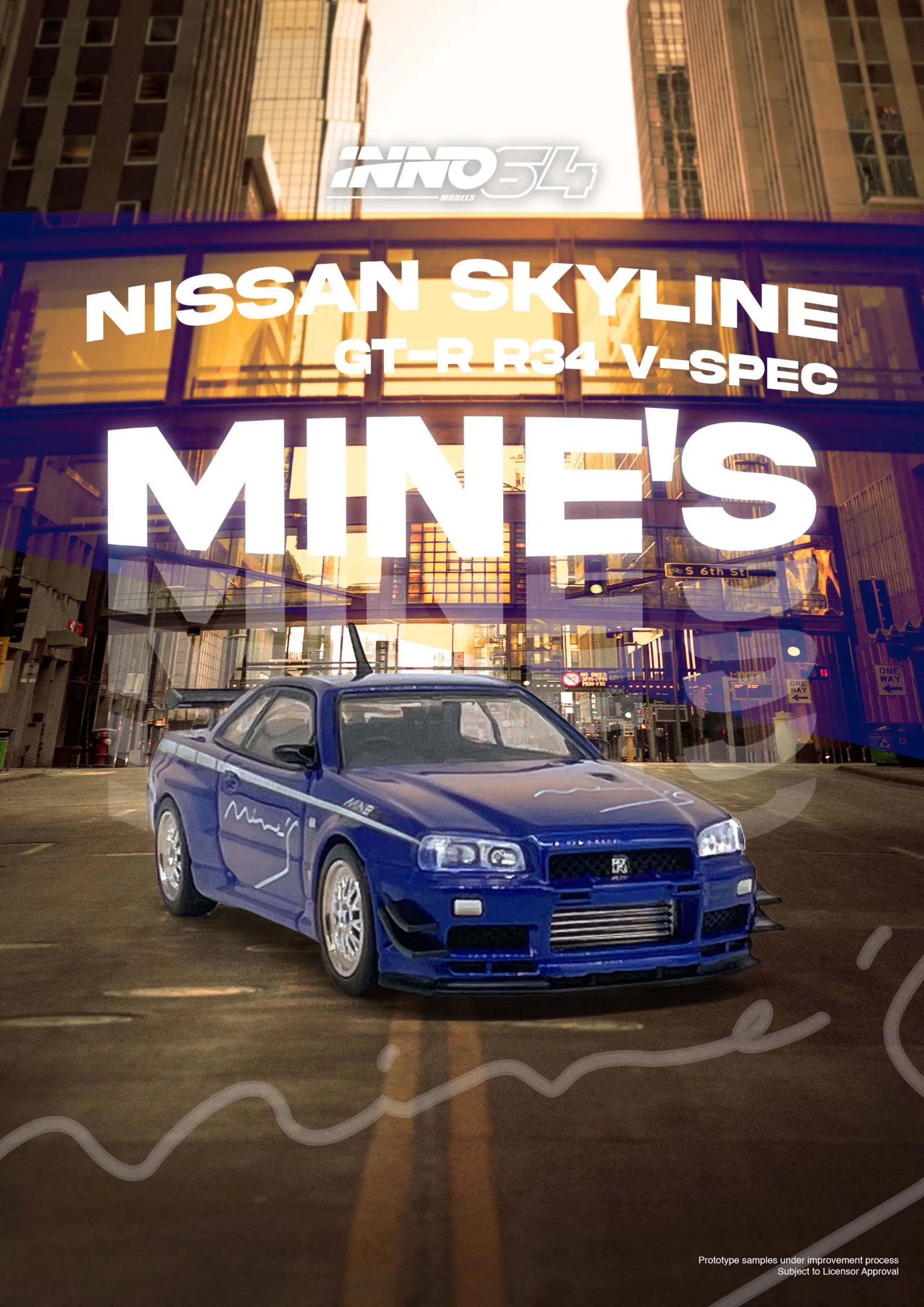 INNO64 R34 Mine’s Blue 1:64 diecast model in tuner garage diorama setting