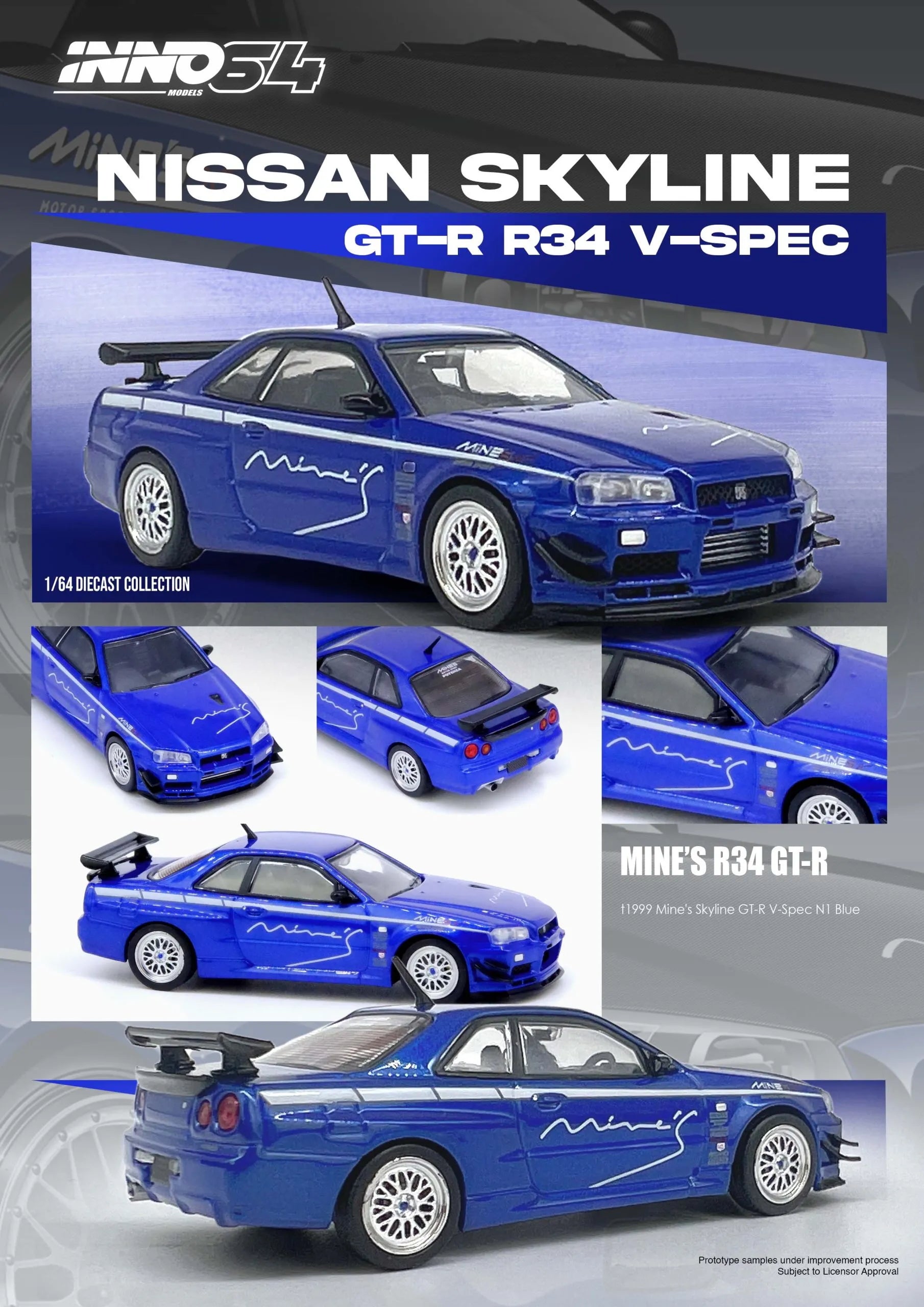 Side profile of Nissan GT-R R34 V-Spec Mine’s Blue diecast model by INNO64