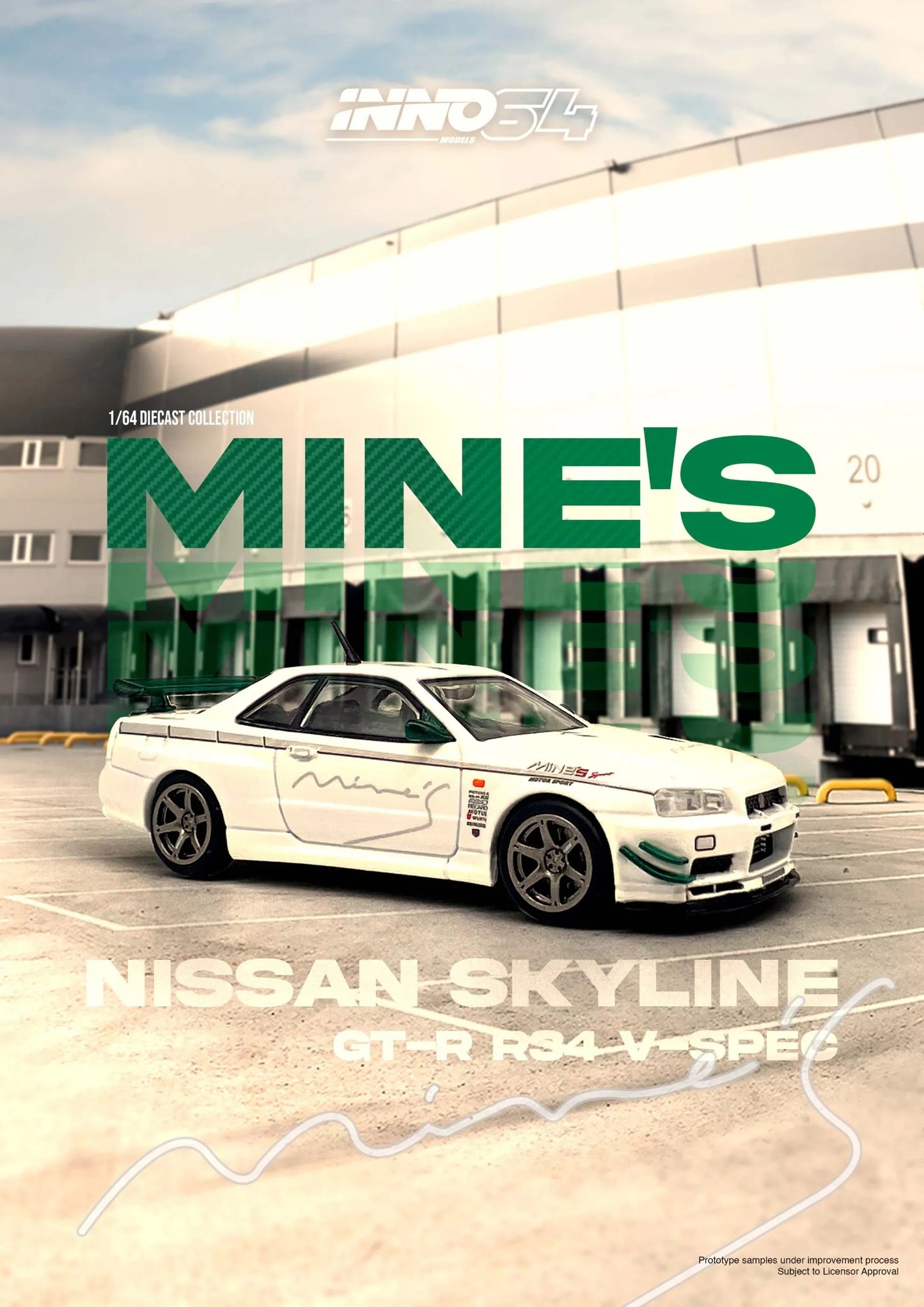 Nissan GT-R R34 Mine’s White 1:64 scale model in tuner garage diorama brochure