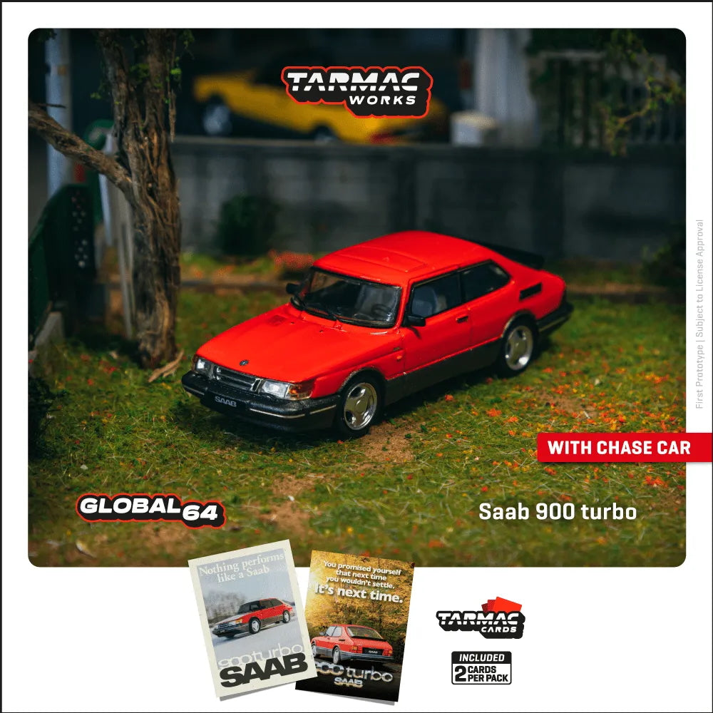 Saab 900 Turbo Red diecast model displayed in diorama scene - brochure