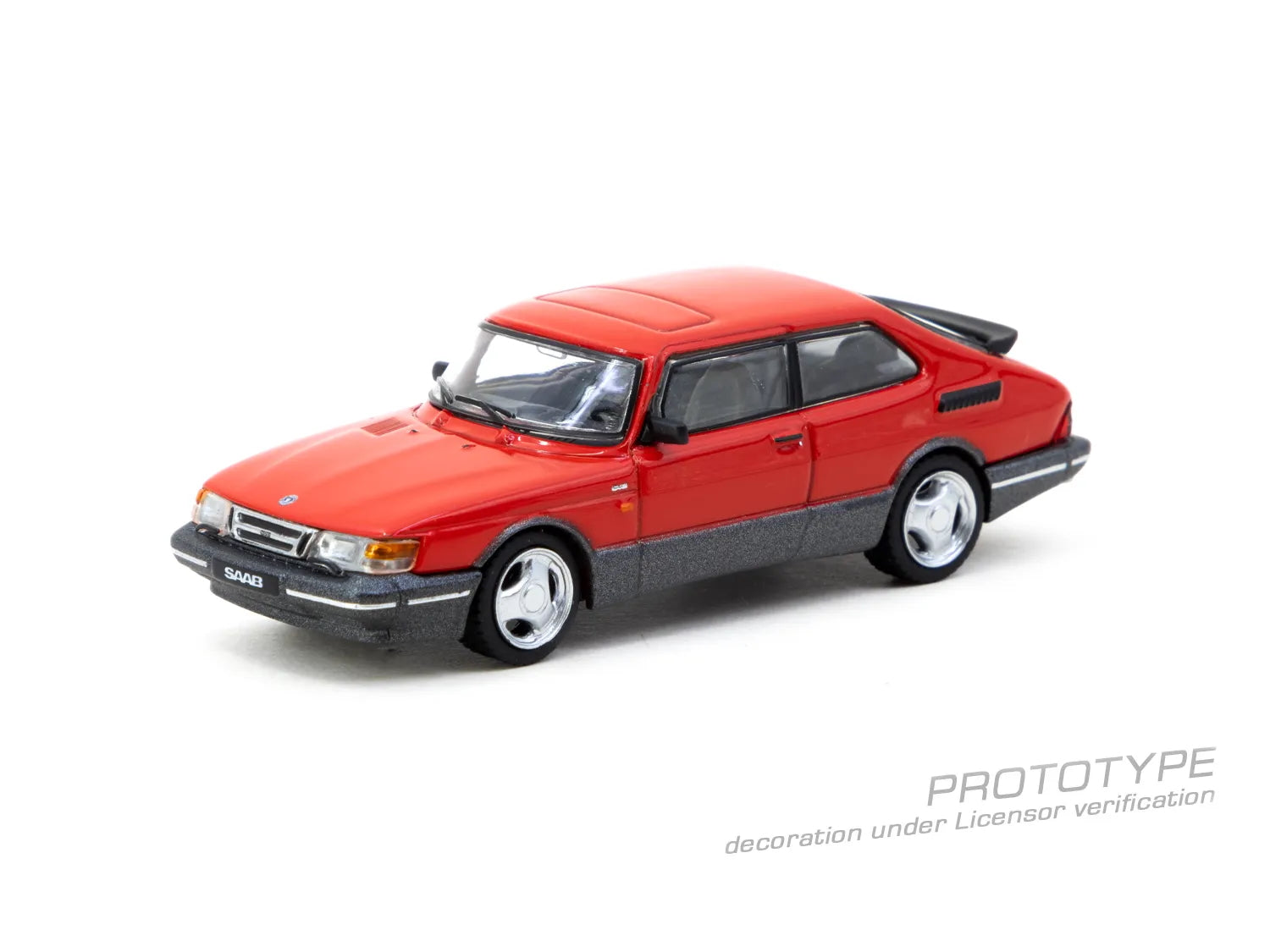Front angle of unboxed Saab 900 Turbo Red diecast car – 1:64 scale