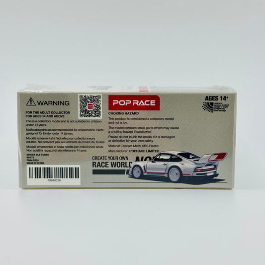 Rear packaging view of Pop Race Singer DLS Turbo Track White 1:64 scale model