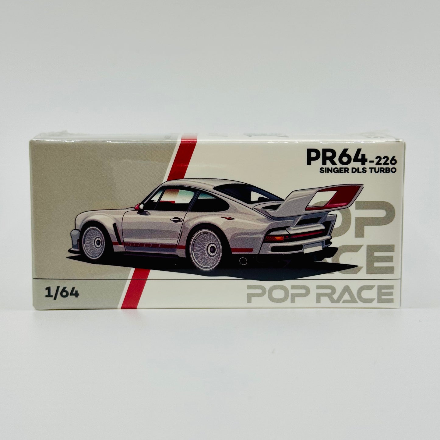 Front boxed view of Pop Race Singer DLS Turbo Track White 1:64 diecast model